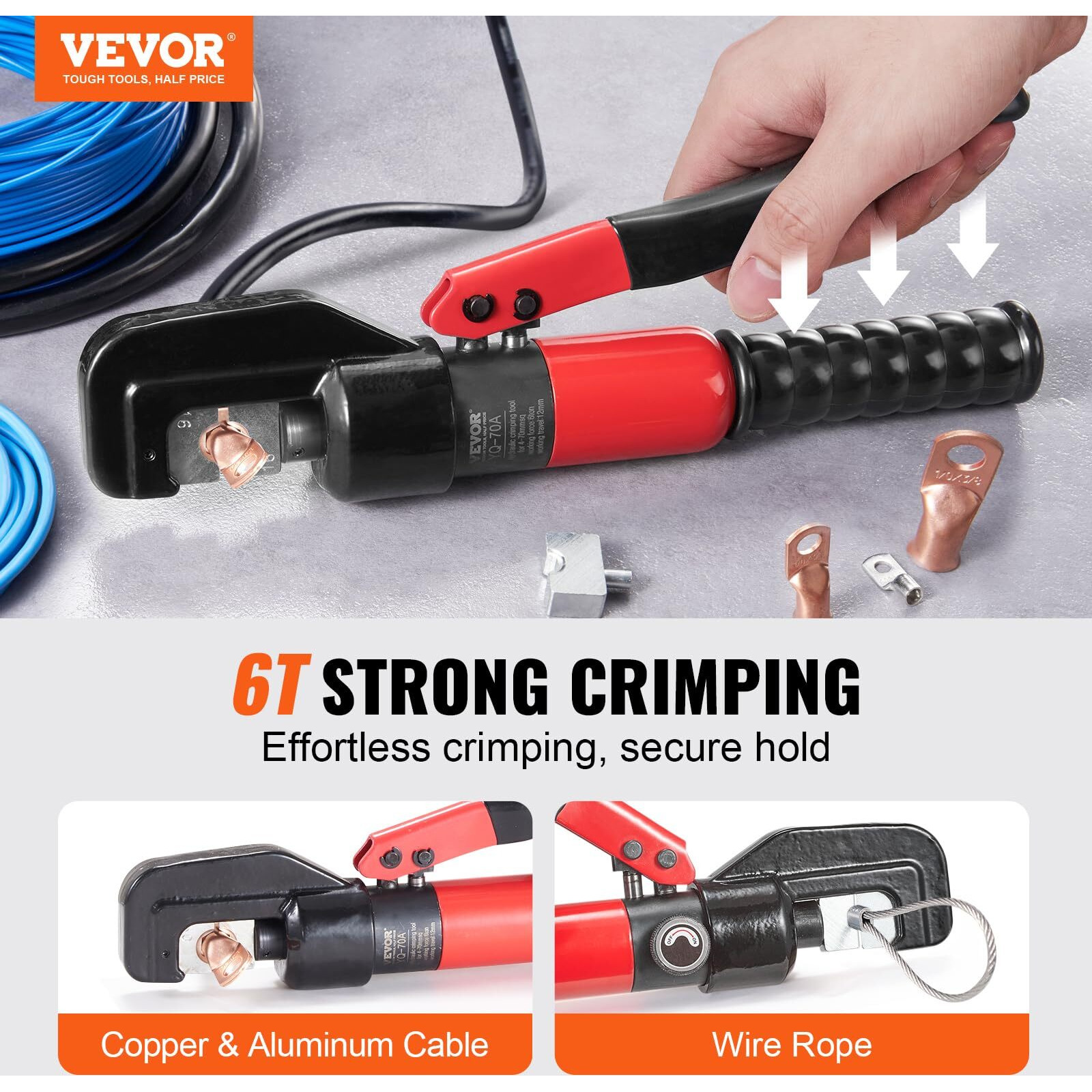 VEVOR Hydraulic Crimping Tool with 9 Sets of Dies AWG12-2/0 Copper And Aluminum Terminal Battery Lug Crimper, with a Cutting Pliers, Gloves, 10pcs Copper Ring Connectors, 8pcs Heat Shrink Sleeves