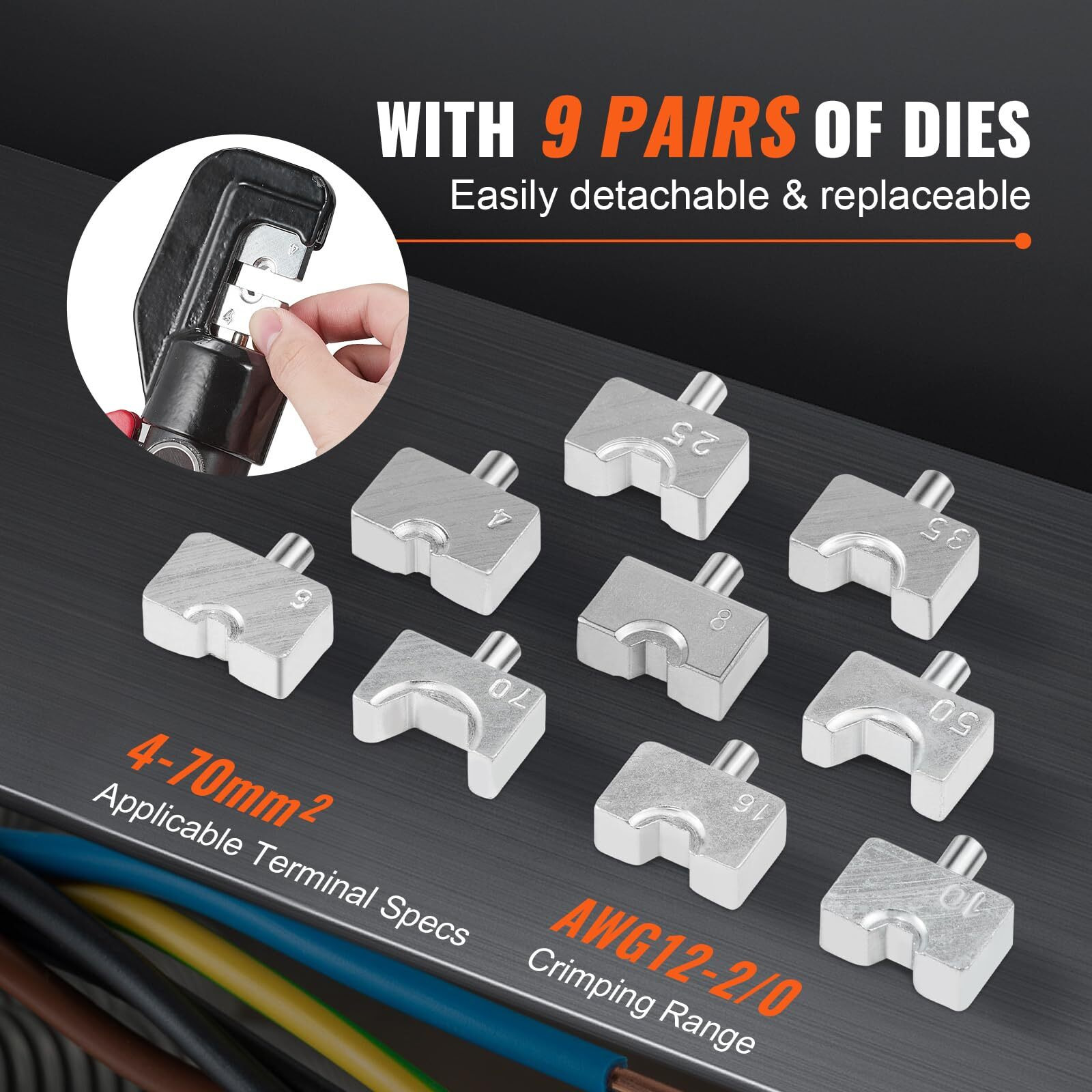 VEVOR Hydraulic Crimping Tool with 9 Sets of Dies AWG12-2/0 Copper And Aluminum Terminal Battery Lug Crimper, with a Cutting Pliers, Gloves, 10pcs Copper Ring Connectors, 8pcs Heat Shrink Sleeves