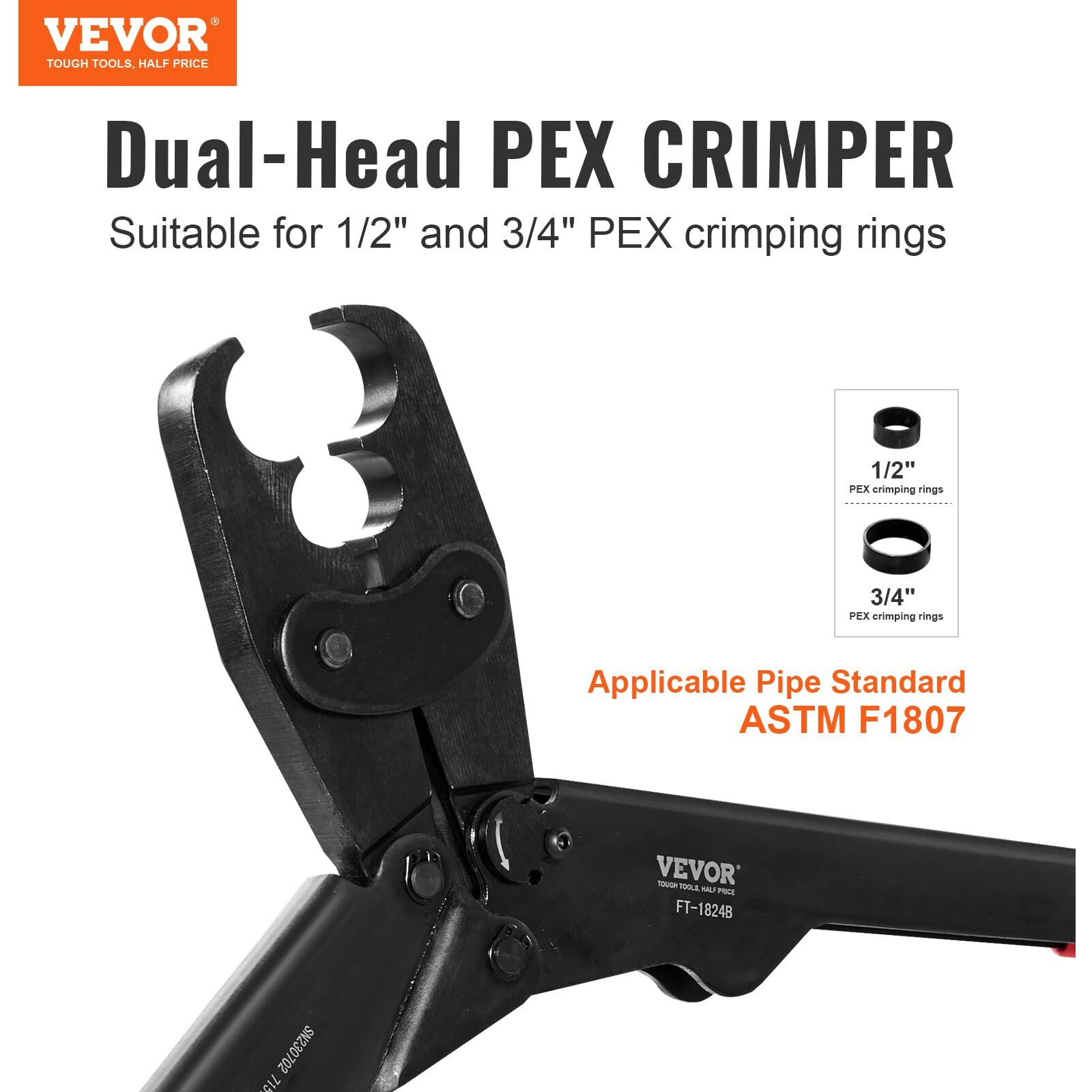 VEVOR PEX Crimping Tool, Dual Head Combo PEX Crimper Tool for 1/2" and 3/4" PEX Copper Crimp Rings, Compact Plumbing Crimp Tool with Go/No-Go Gauge, Well-Polished Jaw, Meets ASTM F1807 Standards