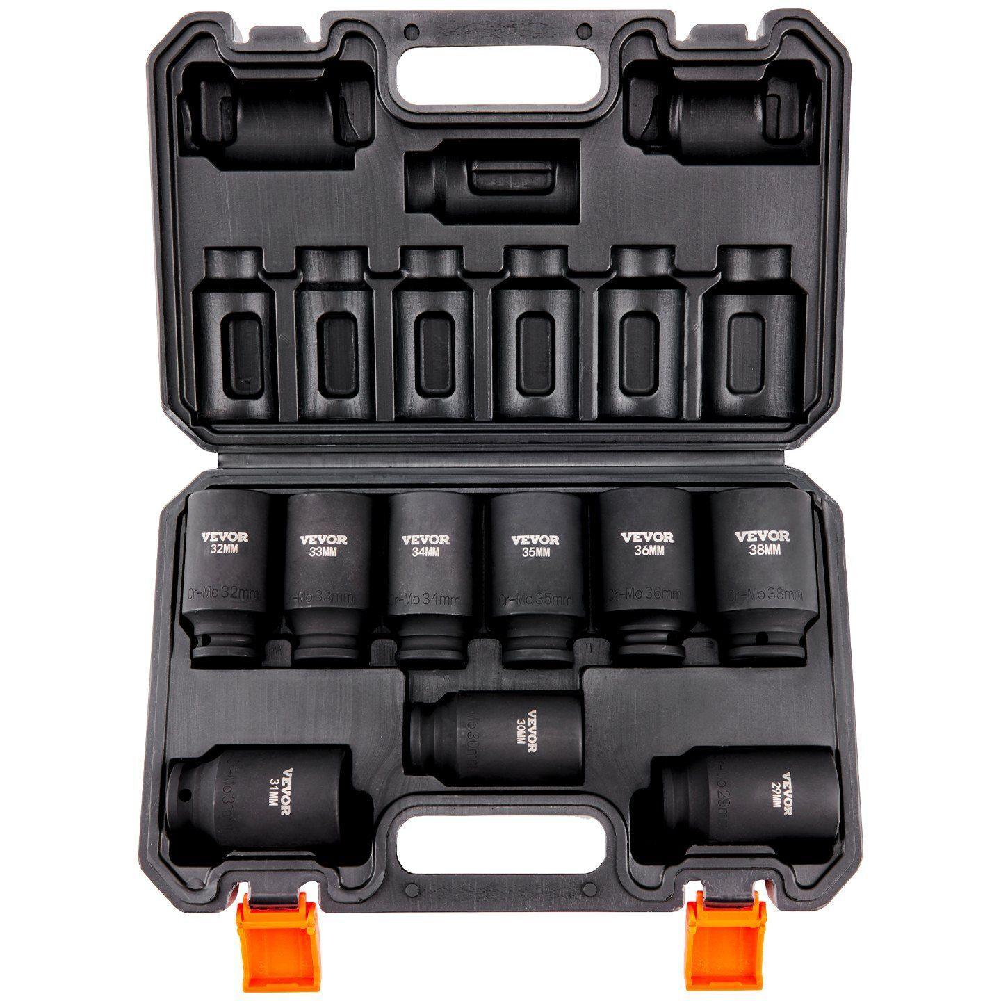 VEVOR 1/2 Drive Impact Socket Set, 9 Piece Deep Socket Set Metric 29-38mm, 6 Point Cr-Mo Alloy Steel for Auto Repair, Easy-to-Read Size Markings, Rugged Construction, Includes Storage Case