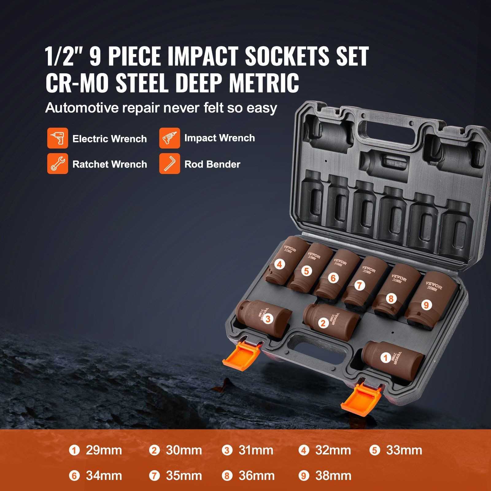 VEVOR 1/2 Drive Impact Socket Set, 9 Piece Deep Socket Set Metric 29-38mm, 6 Point Cr-Mo Alloy Steel for Auto Repair, Easy-to-Read Size Markings, Rugged Construction, Includes Storage Case