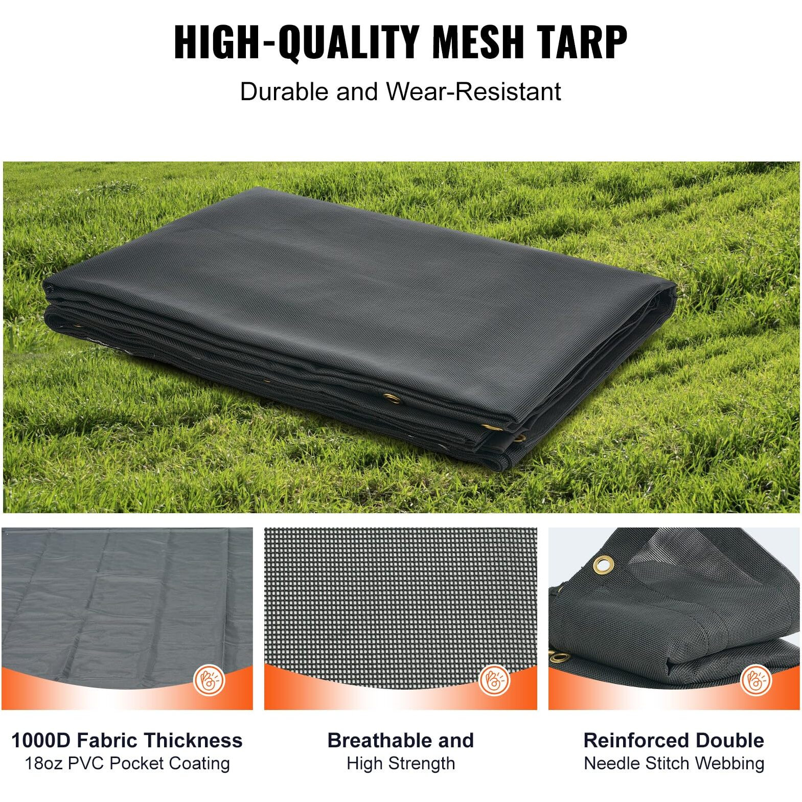 VEVOR Dump Truck Mesh Tarp, 6 x 14 ft, PVC Coated Black Heavy Duty Cover with 5.5" 18oz Double Pocket, Brass Grommets, Reinforced Double Needle Stitch Webbing Fits Manual or Electric Dump Truck System
