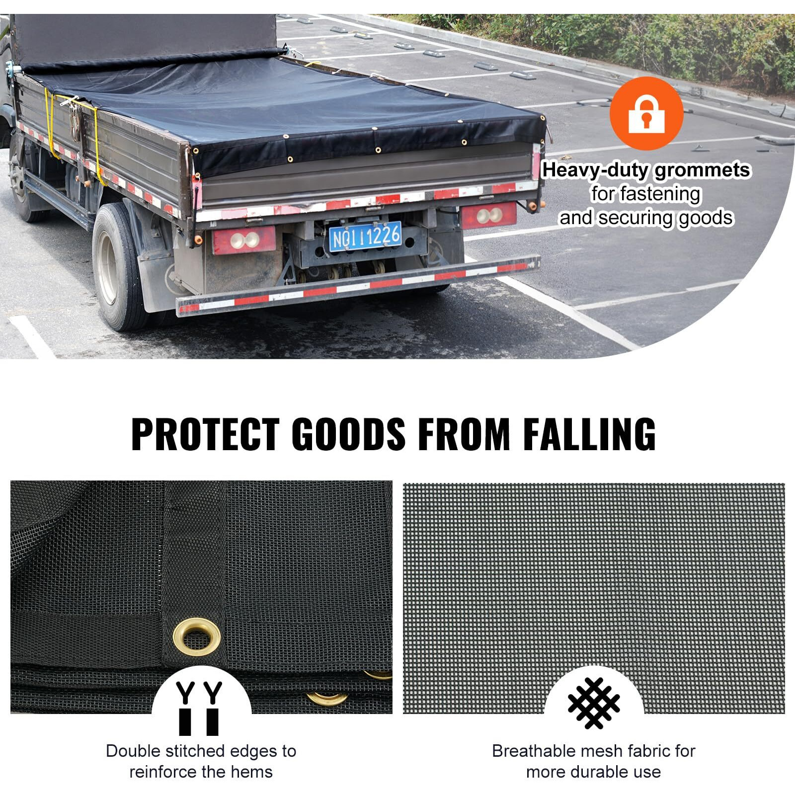 VEVOR Dump Truck Mesh Tarp, 6 x 14 ft, PVC Coated Black Heavy Duty Cover with 5.5" 18oz Double Pocket, Brass Grommets, Reinforced Double Needle Stitch Webbing Fits Manual or Electric Dump Truck System