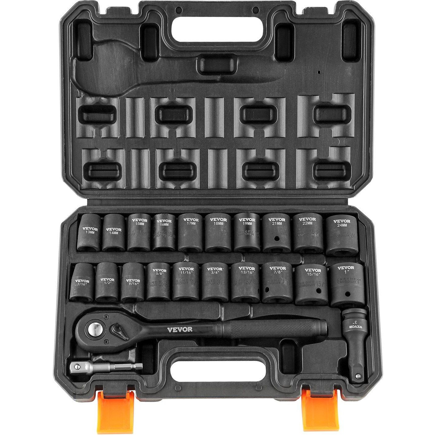 VEVOR 1/2 Drive Impact Socket Set, 23 Piece Socket Set SAE (7/16 -1)& Metric (13-24mm)6 Point Cr-V Alloy Steel for Auto Repair with Ratchet Handle Rugged Construction Storage Case