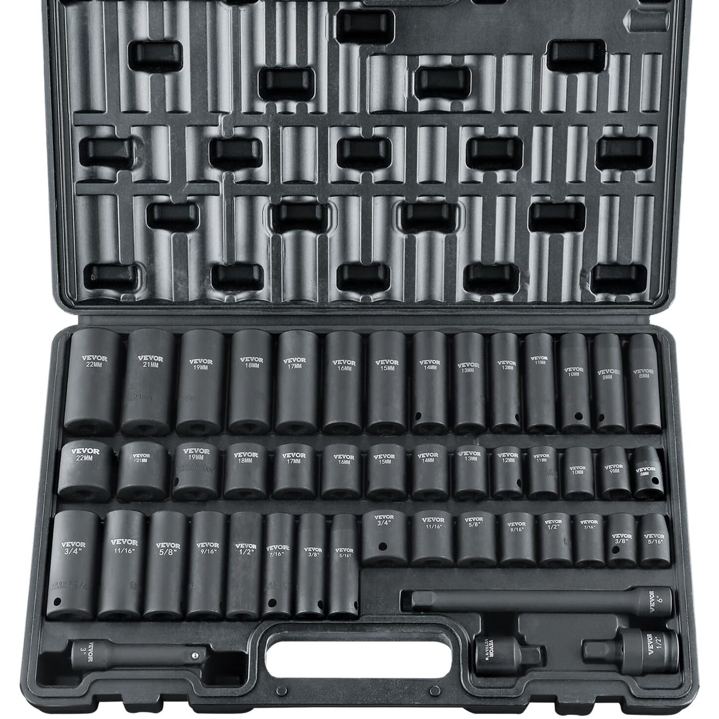 VEVOR 3/8 Drive Impact Socket Set, 48 Piece Socket Set SAE (5/16 -3/4) & Metric (8-22mm)6 Point Cr-V Drive Extension Bar Universal Joint & Power Drill Adapter Includes Storage Case