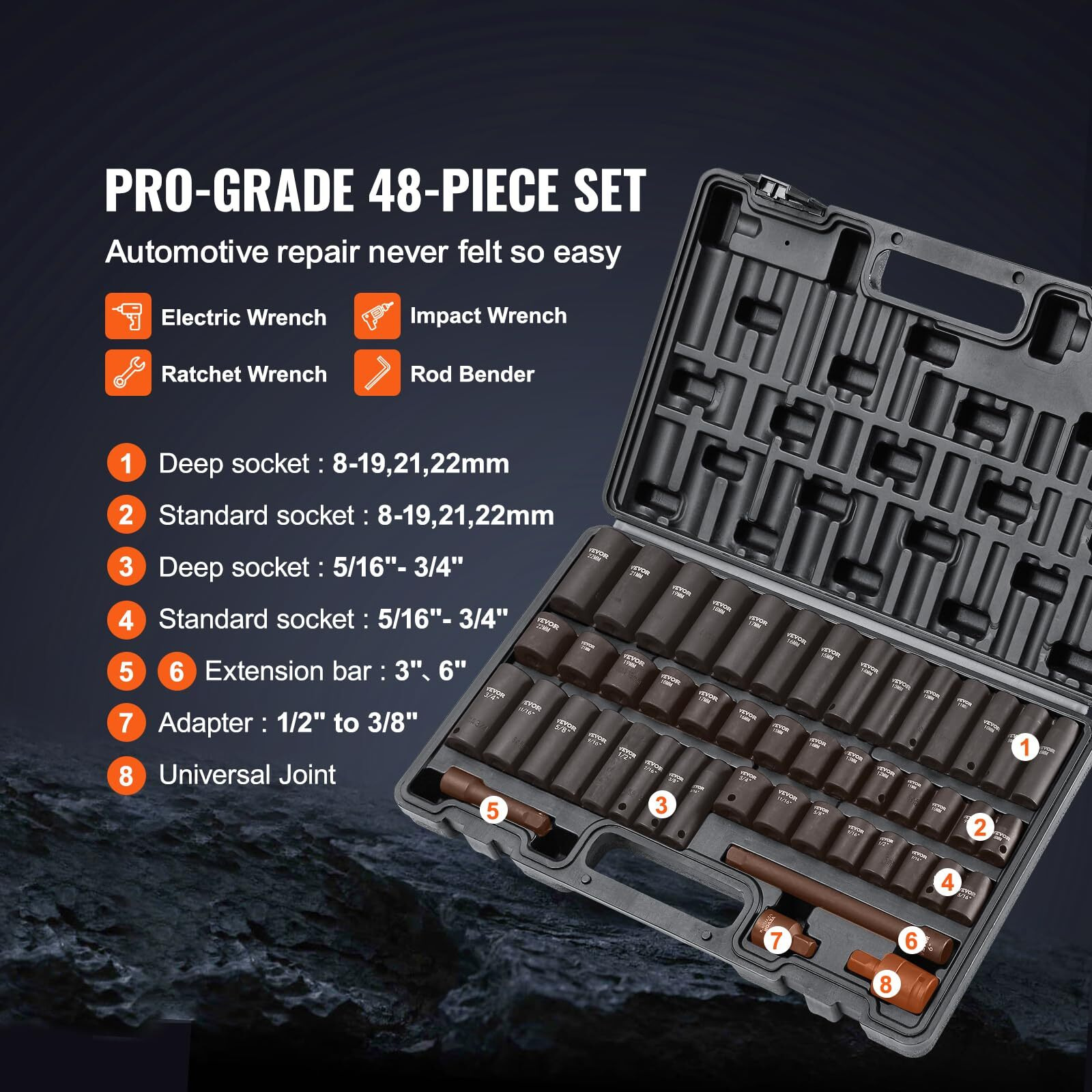 VEVOR 3/8 Drive Impact Socket Set, 48 Piece Socket Set SAE (5/16 -3/4) & Metric (8-22mm)6 Point Cr-V Drive Extension Bar Universal Joint & Power Drill Adapter Includes Storage Case