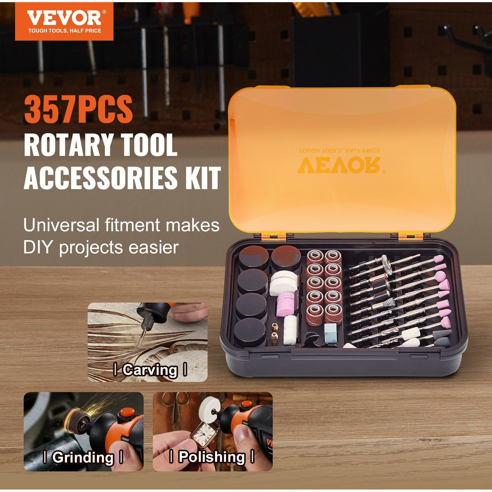 VEVOR Rotary Tool Accessory Kit, 357PCS Accessories Kit, 1/8" Diameter Shank, Universal Fitment Power Rotary Tool Accessories Set for Grinding, Carving, Sanding, Cutting, Drilling