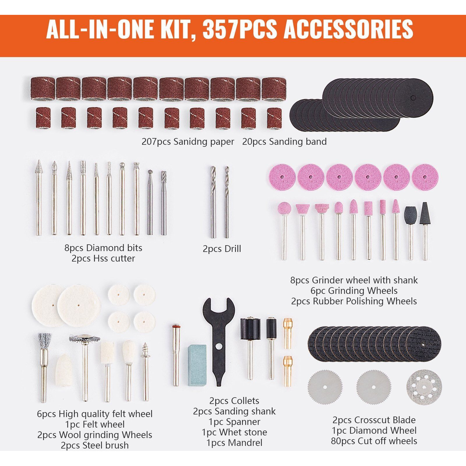VEVOR Rotary Tool Accessory Kit, 357PCS Accessories Kit, 1/8" Diameter Shank, Universal Fitment Power Rotary Tool Accessories Set for Grinding, Carving, Sanding, Cutting, Drilling