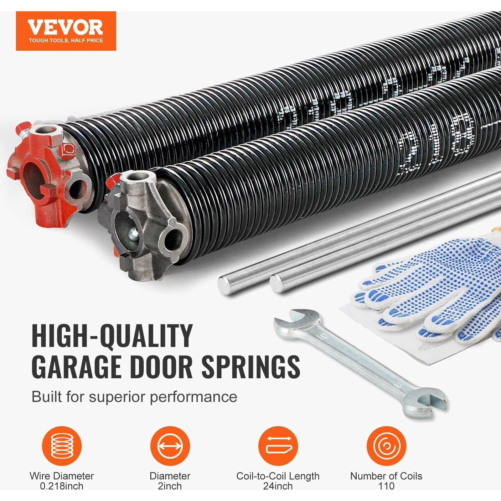 VEVOR Garage Door Torsion Springs, Pair of 0.218 x 2 x 24inch, Garage Door Springs with Non-Slip Winding Bars, 16000 Cycles, Gloves and Mounting Wrench, Electrophoresis Coated for Replacement