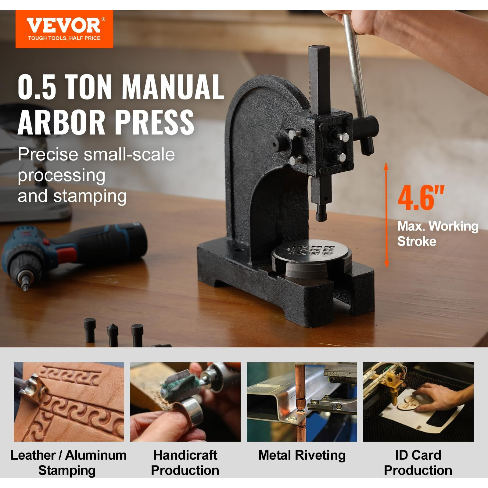 VEVOR Arbor Press, 0.5 Ton Manual Arbor Press, 4.6" Maximum Height, Cast Iron Heavy-duty Manual Desktop Arbor Press, Precision Hand Press for Stamping, Bending, Stretching, Forming