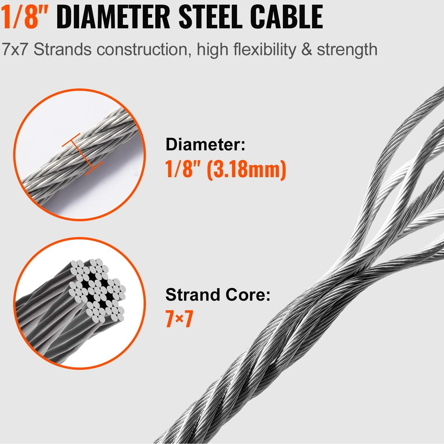 VEVOR T316 Deck Railing Cable, 1/8" Stainless Steel Wire Rope 300 ft with Cutter Kit, 7x7 Strands Construction Marine Aircraft Grade for Handrail Stair Decking Fence Outdoors