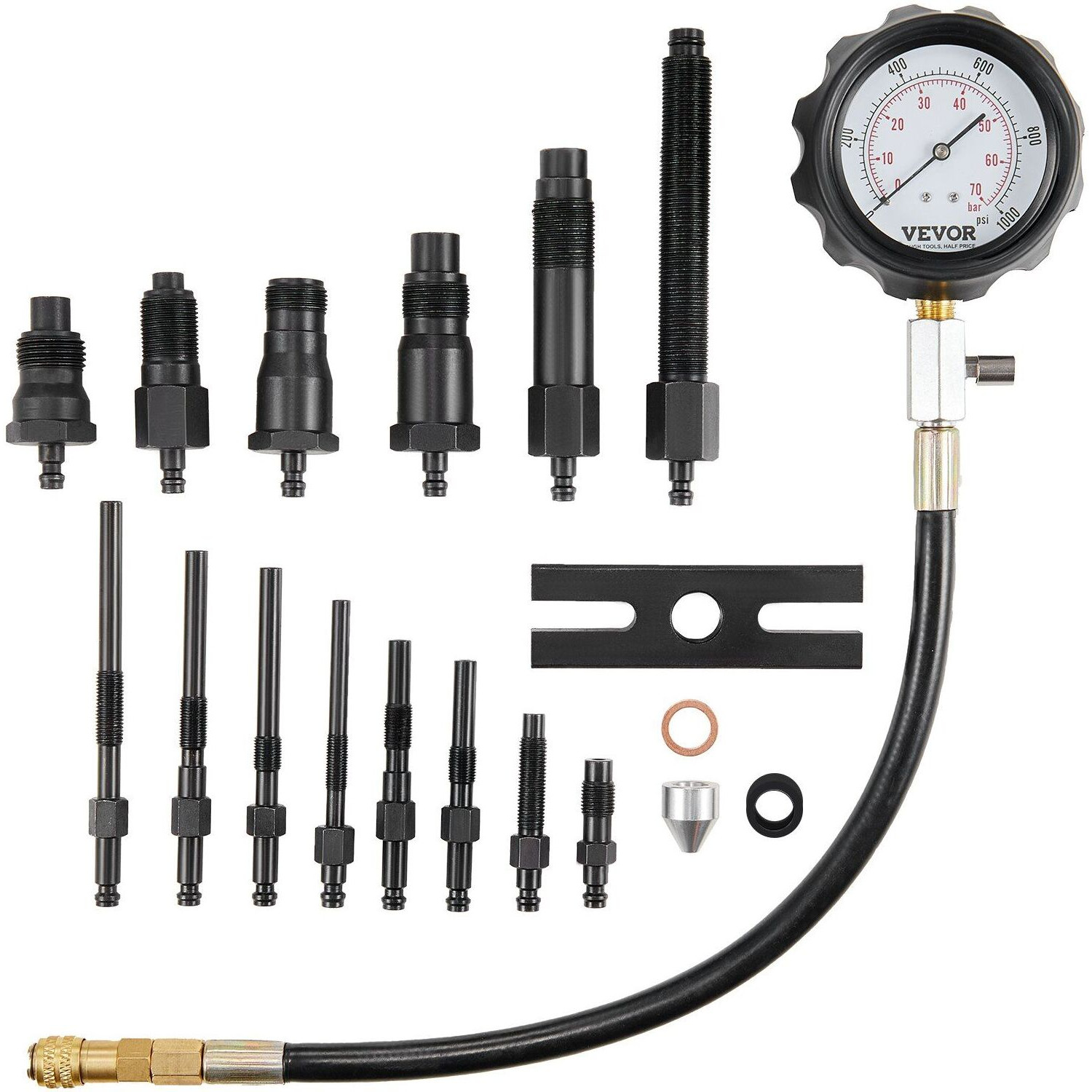 VEVOR Diesel Engine Compression Tester, 18 pcs Cylinder Pressure Test Tool Kit, with 0-1000 psi Gauge and Adapters, Diesel Injector Tester Check Cylinders in Diesel Trucks, Tractors, Equipment
