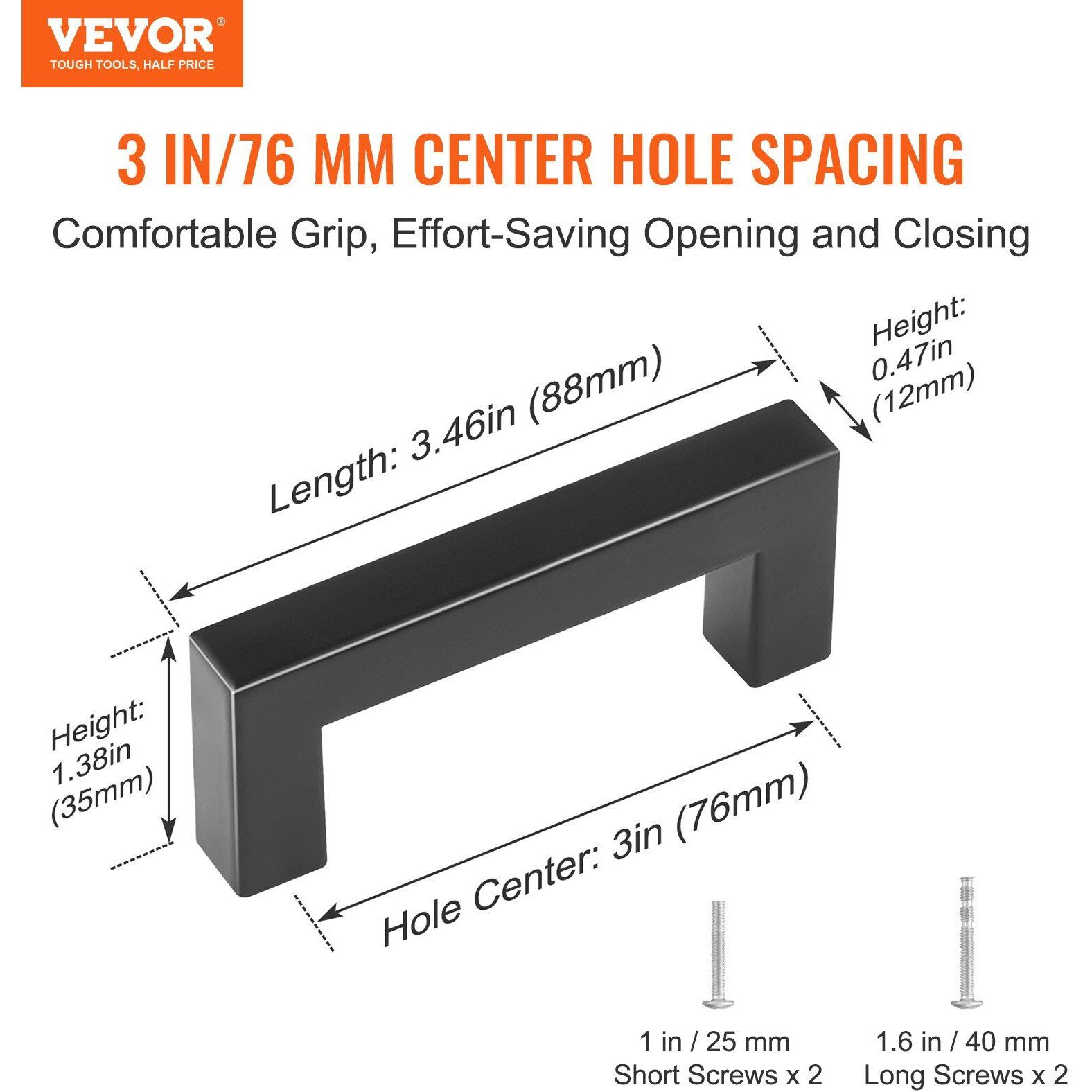 VEVOR 10 Pack Cabinet Pulls, 3in / 76mm Center to Center Slim Square Kitchen Cabinet Drawer, Stainless Steel Modern Kitchen Cupboard Door Handles for Kitchen Bathroom Bar Hardware Matte Black