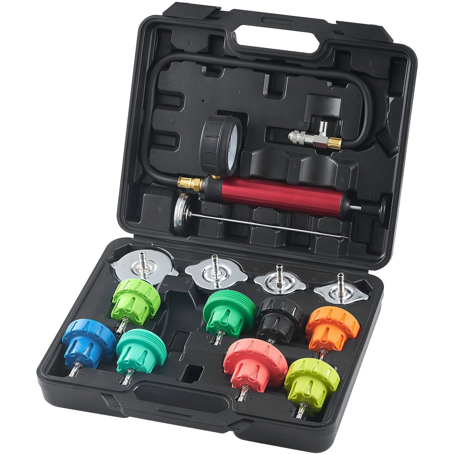 VEVOR 14 pcs Universal Radiator Pressure Tester Kit, Coolant Pressure Tester Kit with Manual Pump and Color-coded Steel Test Cap Adapters, with Toolbox, For Cars Motorcycles Trucks Cooling System