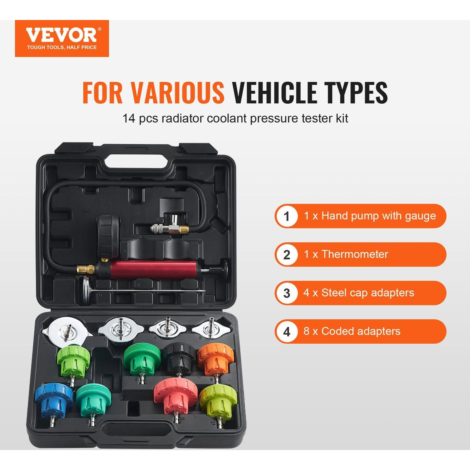 VEVOR 14 pcs Universal Radiator Pressure Tester Kit, Coolant Pressure Tester Kit with Manual Pump and Color-coded Steel Test Cap Adapters, with Toolbox, For Cars Motorcycles Trucks Cooling System