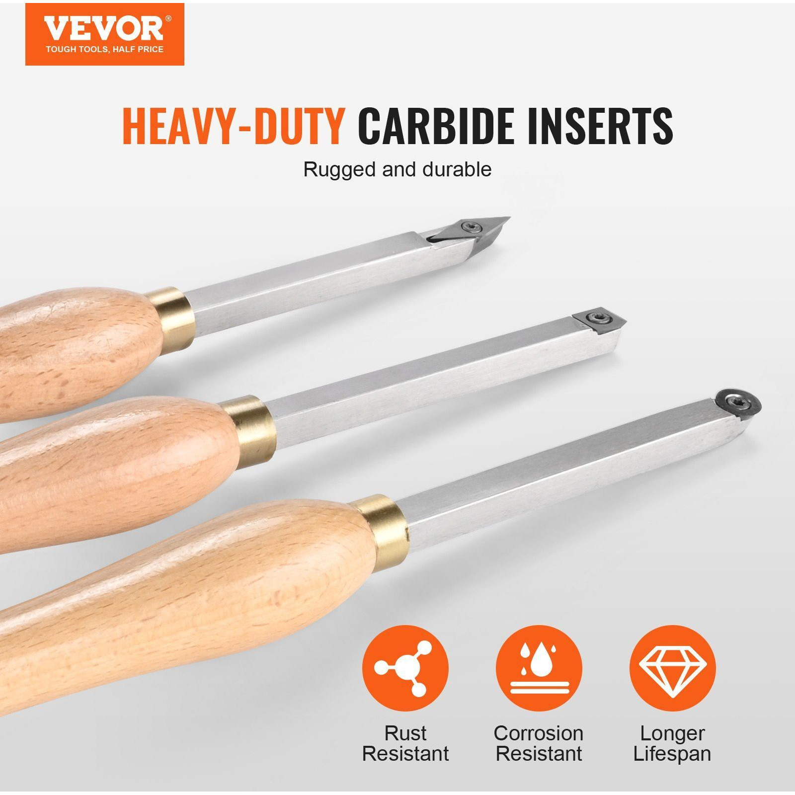 VEVOR Wood Lathe Chisel Set, 3 PCS Woodworking Turning Tools, Includes Square, Round, Diamond Carbide Blades, 7.87" Comfortable Grip Handles, Wood Chisel Set with Wooden Box For Turning Pens or Small