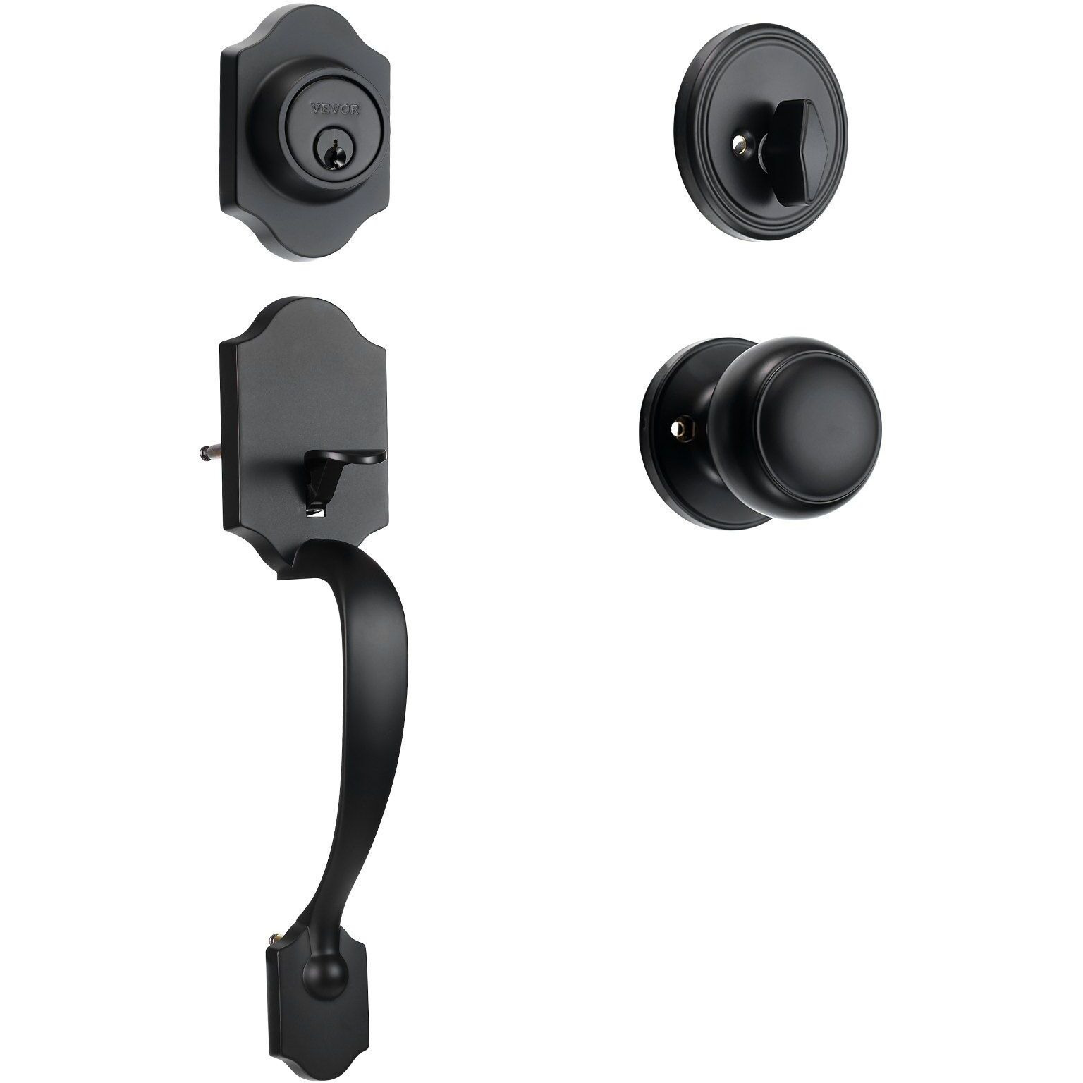 VEVOR Front Door Handle and Deadbolt Set, Matte Black Front Door Lock Set with Interior Knob, Adjustable Hole Spacing Single Cylinder Handleset, for Right and Left Handed Entrance and Front Door