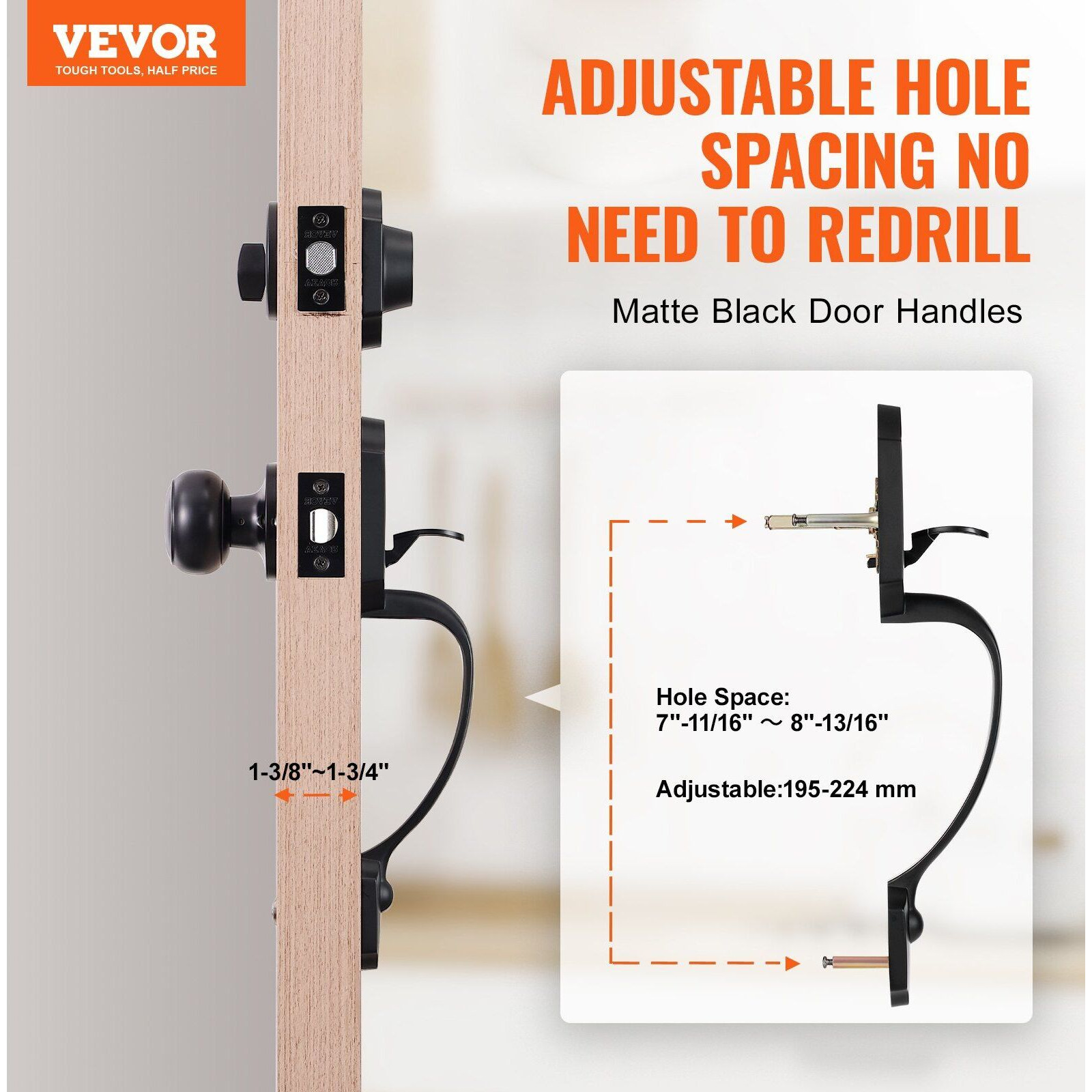 VEVOR Front Door Handle and Deadbolt Set, Matte Black Front Door Lock Set with Interior Knob, Adjustable Hole Spacing Single Cylinder Handleset, for Right and Left Handed Entrance and Front Door