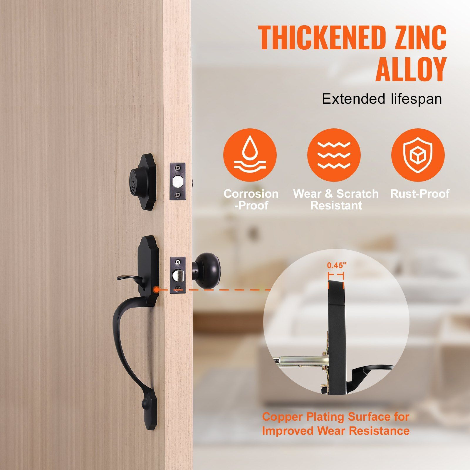 VEVOR Front Door Handle and Deadbolt Set, Matte Black Front Door Lock Set with Interior Knob, Adjustable Hole Spacing Single Cylinder Handleset, for Right and Left Handed Entrance and Front Door