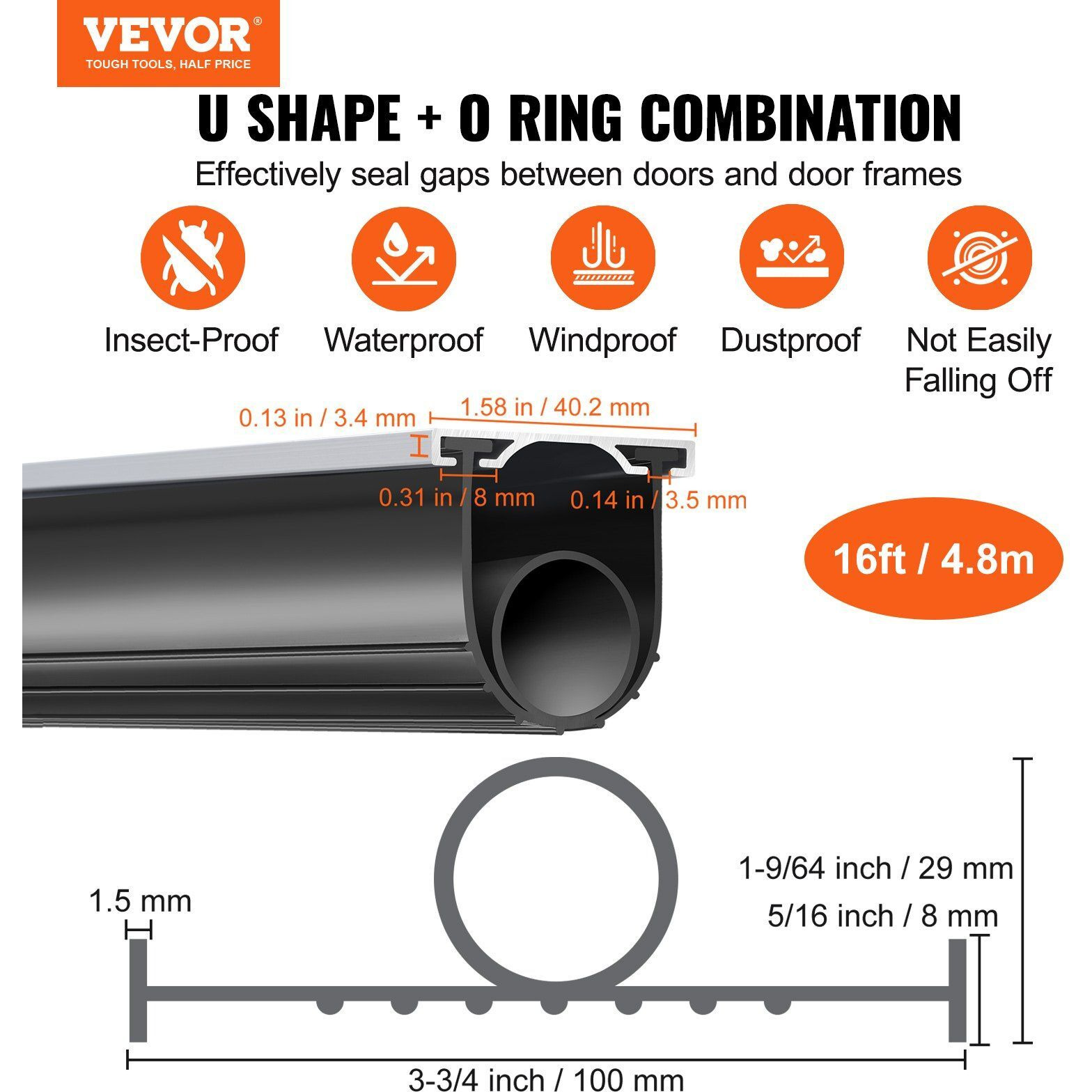 VEVOR Garage Door Seals Bottom Rubber, U Shape +O Ring Combination Garage Door Weather Stripping with Pre-drilled Aluminum Track Retainer Kit, 5/16 inch T-ends and 3 3/4 inch Width (16 Ft, Black)