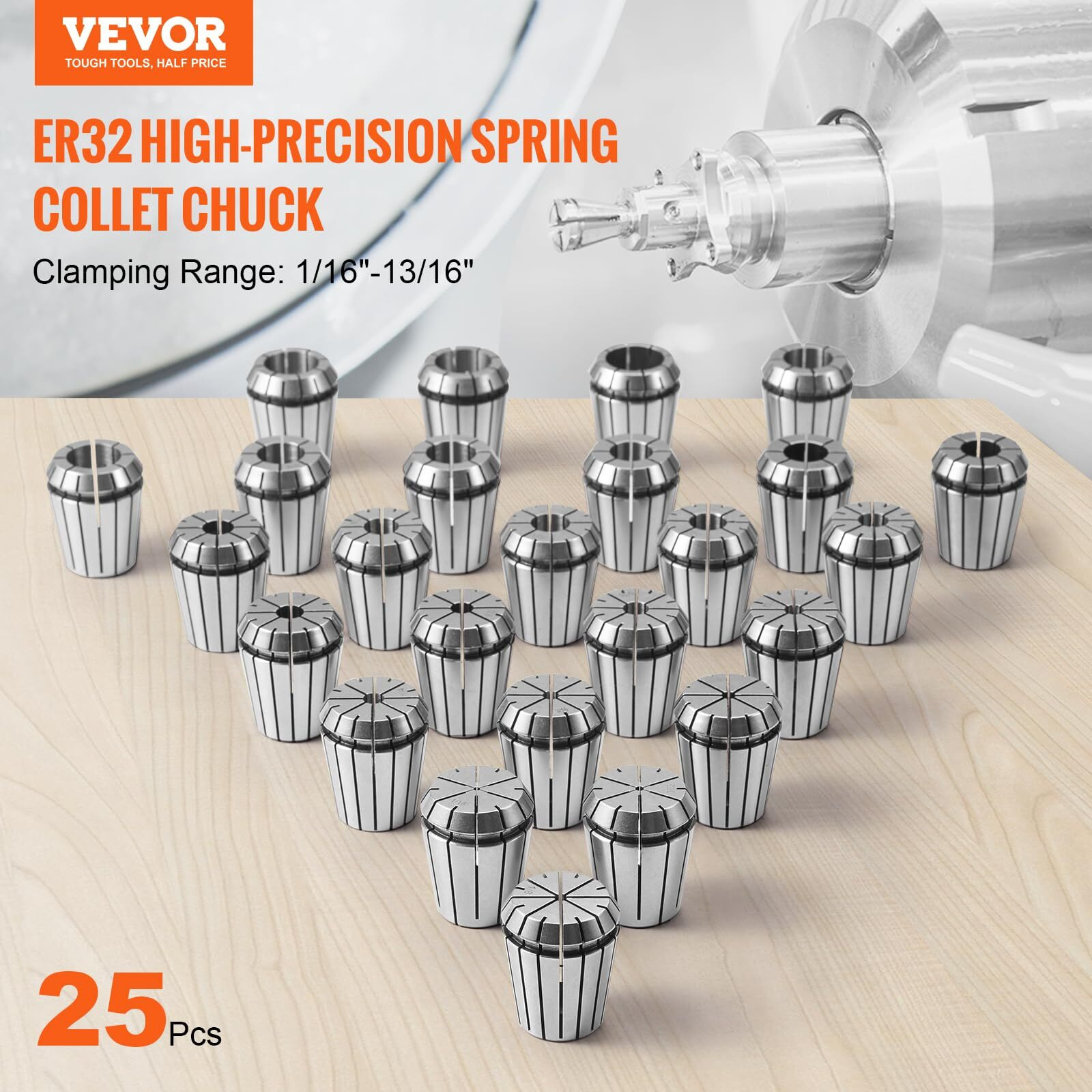 VEVOR 25 pcs ER32 Collet Set, 1/16''-13/16'', ER32 Spring Collet Chuck Set, 0.0006"/15 m TIR Lathe Chuck Tool with 25 Labeled Storage Boxes, for CNC Engraving Machine Milling Lathe Tool Drill Press
