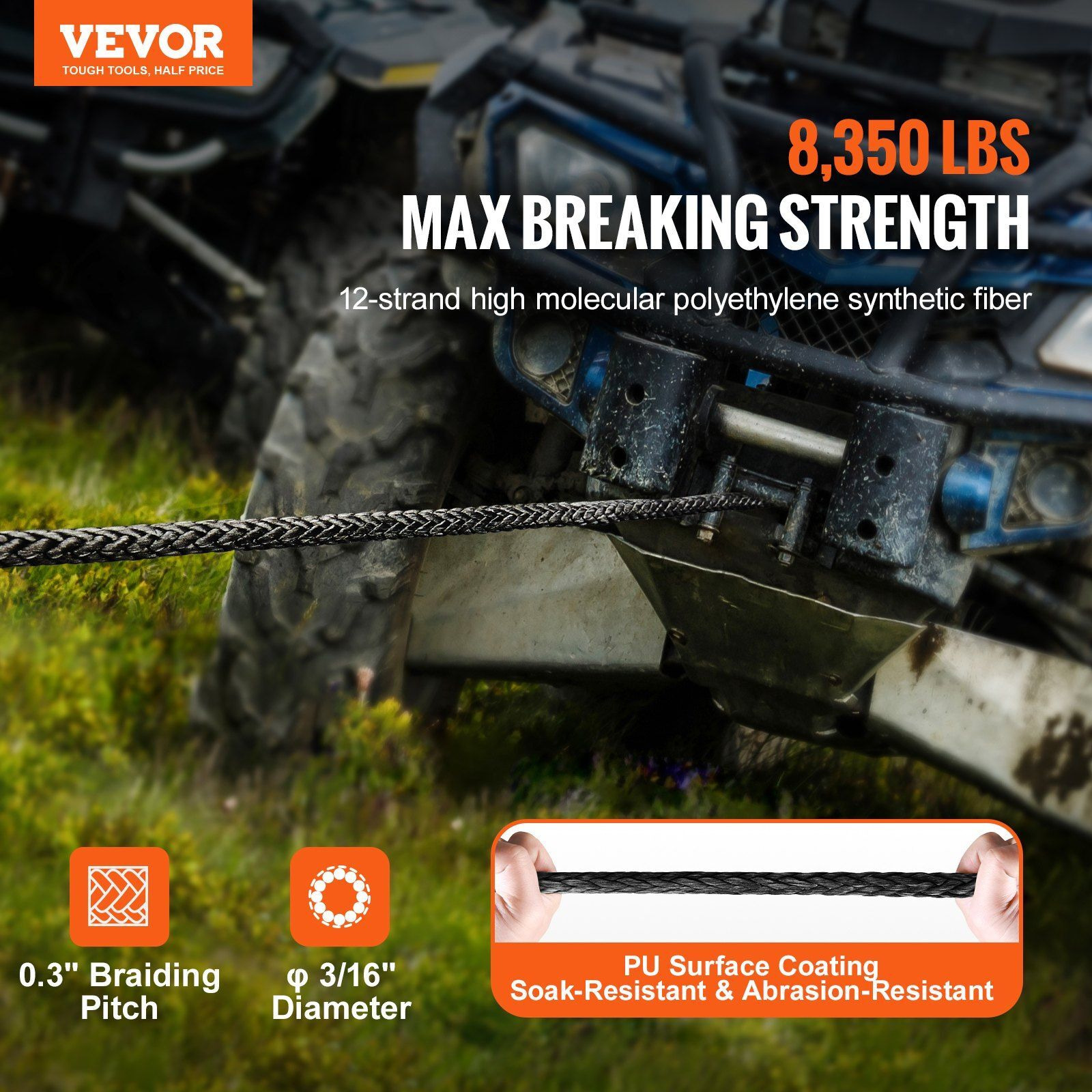 VEVOR Synthetic Winch Rope, 3/16 Inch x 50 Feet 8, 350 lbs Synthetic Winch Line Cable Rope with Protective Sleeve + Stopper + Forged Winch Hook + Pull Strap, Universal Fit for ATV, UTV, Vehicle Towing