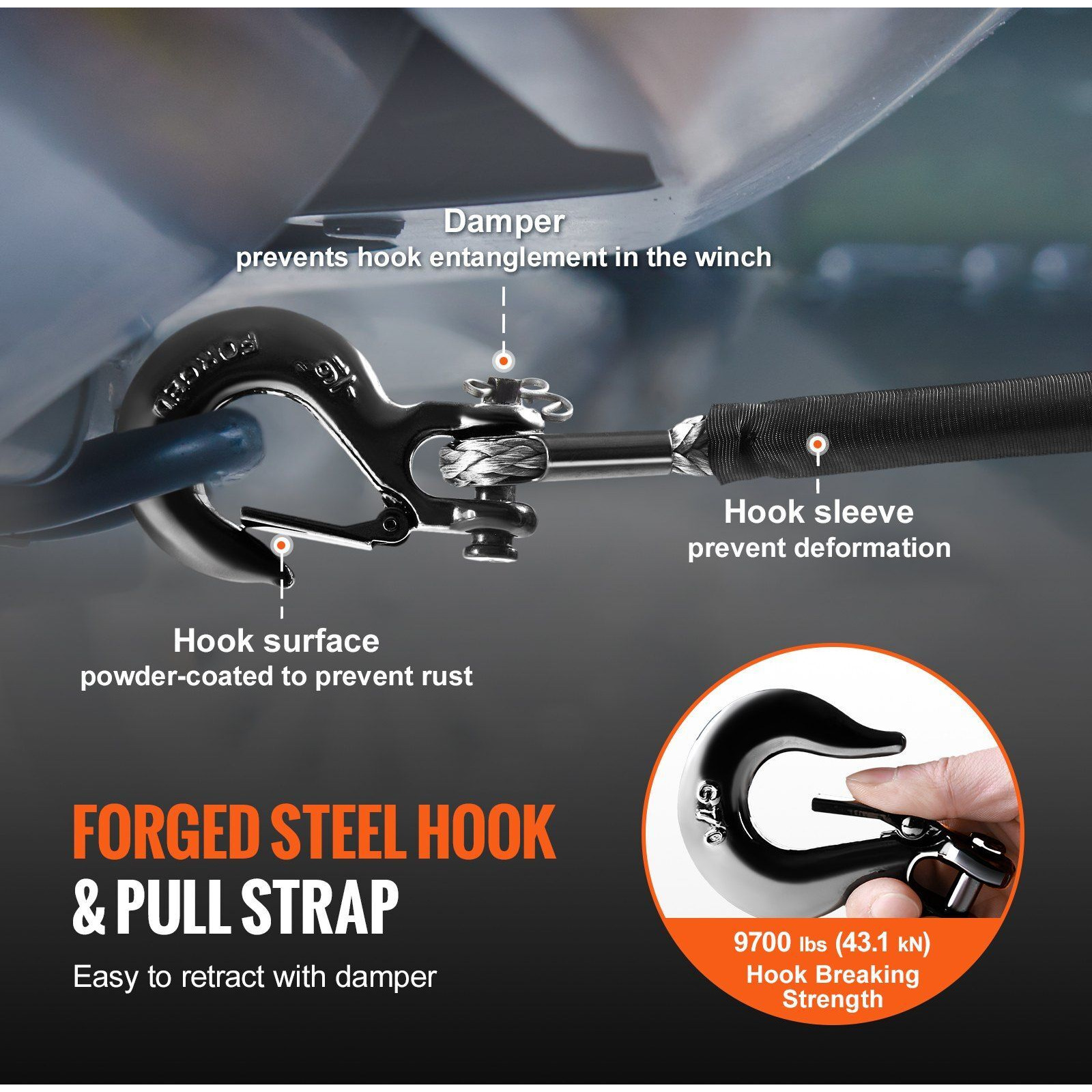 VEVOR Synthetic Winch Rope, 3/16 Inch x 50 Feet 8, 350 lbs Synthetic Winch Line Cable Rope with Protective Sleeve + Stopper + Forged Winch Hook + Pull Strap, Universal Fit for ATV, UTV, Vehicle Towing