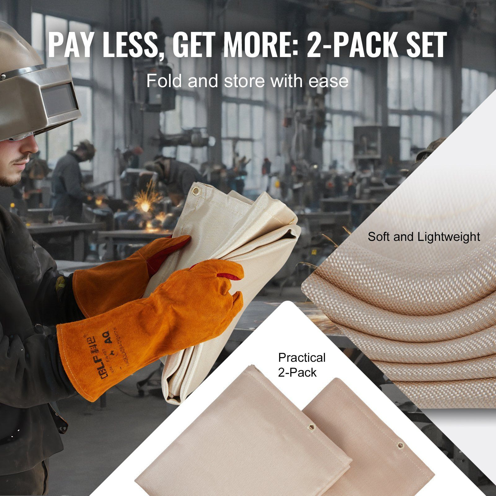 VEVOR Welding Blanket 2 Packs, 4FT x 6FT Heat Treated Welding Blanket, Up To 998F Heat Resistant Blanket Set, Heavy-Duty Fiberglass Flame Retardant Insulation Welding Mat Cover with Metal Grommets