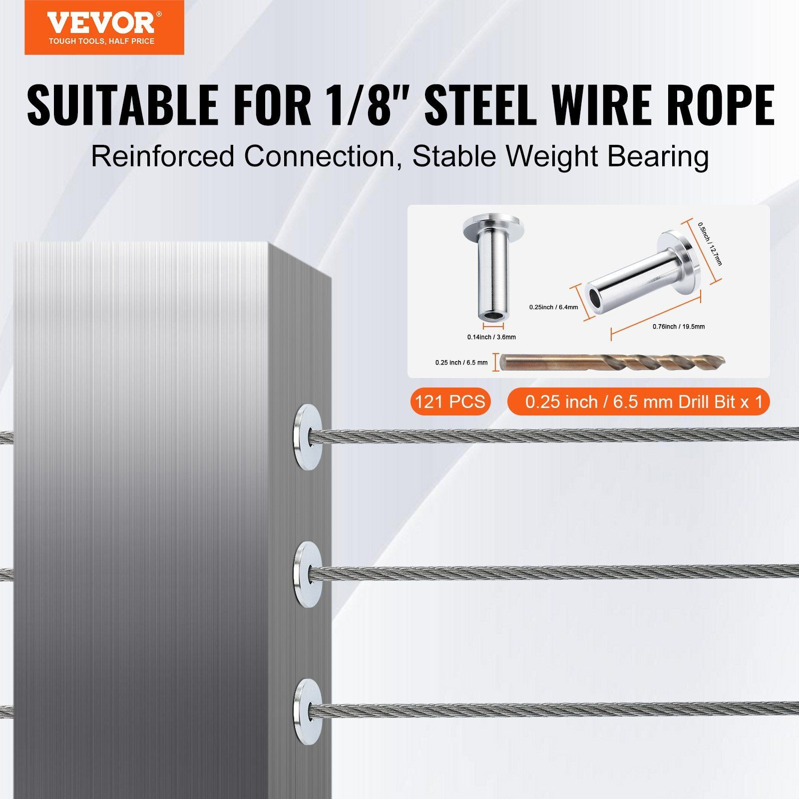 VEVOR 121 Pack T316 Stainless Steel Protector Sleeves for 1/8" Wire Rope Cable Railing, DIY Balustrade T316 Marine Grade, Come with A Free Drill Bit, Silver