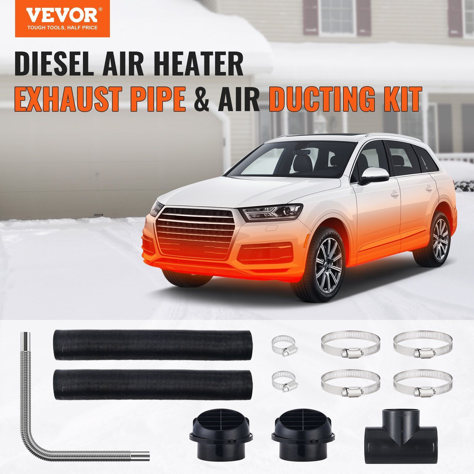 VEVOR Diesel Heater Pipe Ducting Set, 3" Extendable Air Duct Hose, 1" Stainless Steel Exhaust Pipe, 2 Air Vents, Tee Air Outlet Connector and Hose Clamps, for 2KW/5KW/8KW Diesel Parking Heaters