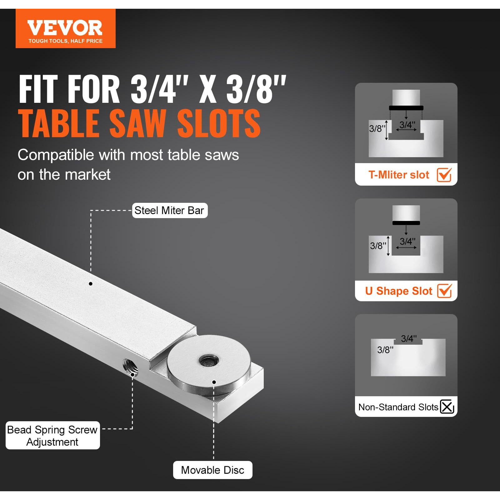 VEVOR Precision Miter Gauge, Standard Slot 3/4'' x 3/8'', Aluminum Alloy Table Saw Miter Gauge with 15 Angle Stops Adjustable Spring Loaded Plunger and Removable Disc, for Woodworking Tool Table Saw