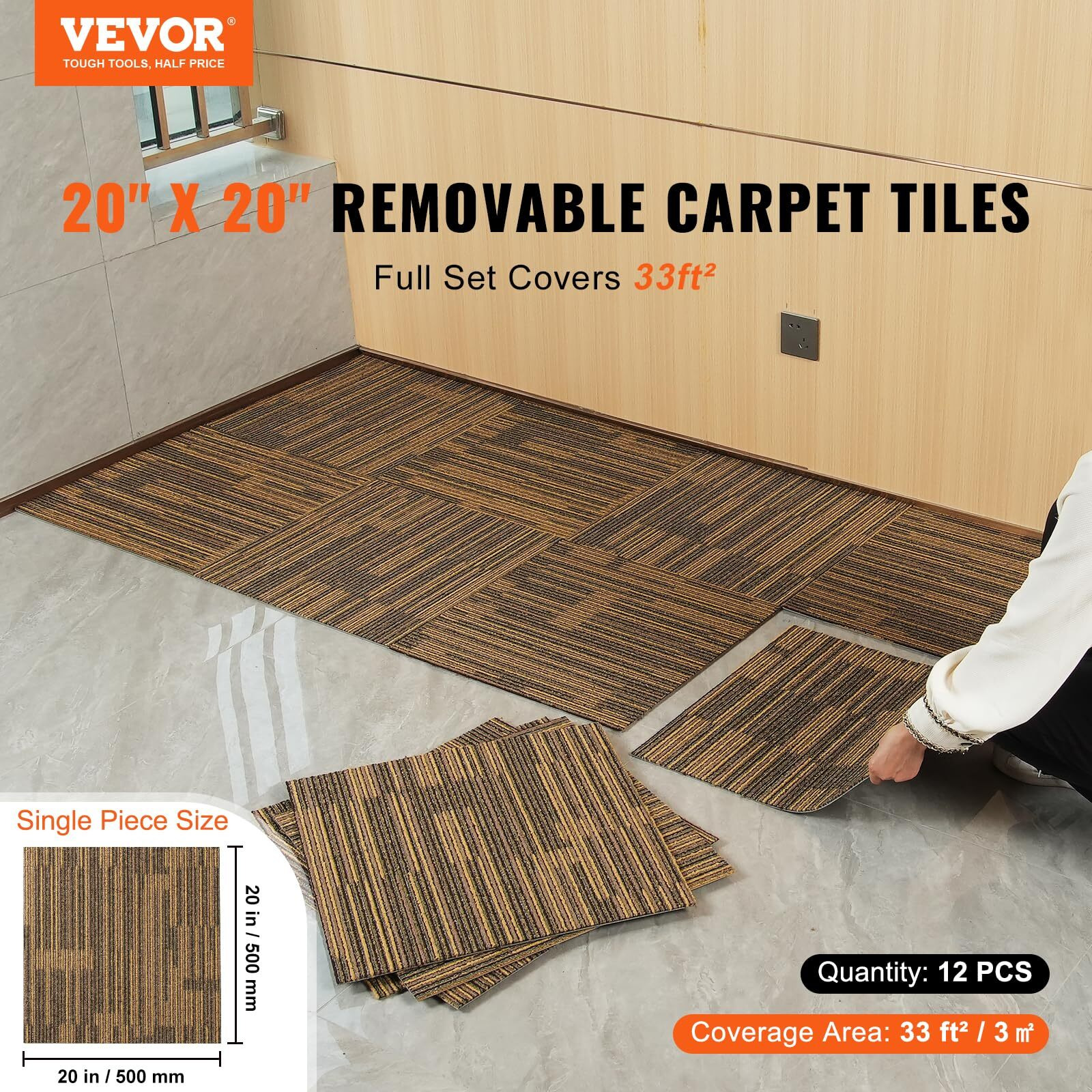 VEVOR Carpet Tiles Reusable, 20&quotx 20&quotCarpet Squares With Padding Attached, Soft Padded Carpet Tiles, Easy Install DIY for Bedroom Living Room (12Tiles, Mixed Brown)
