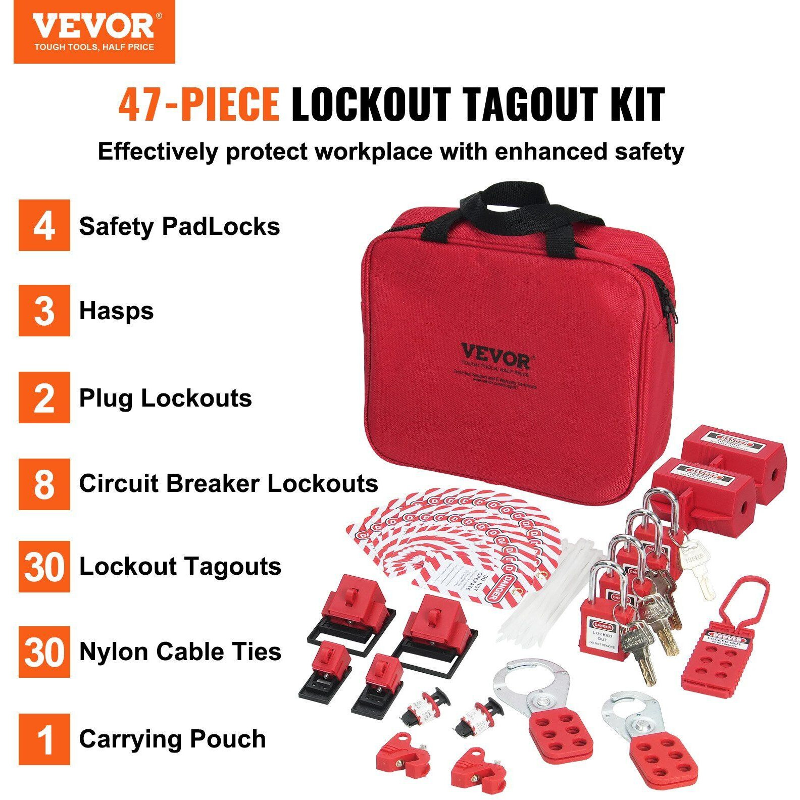 VEVOR Electrical Lockout Tagout Kit, 47 PCS Safety Loto Kit Includes Padlocks, Hasps, Tags, Nylon Ties, Plug Lockouts, Circuit Breaker Lockouts, and Carrying Bag, for Industrial, Electric Power