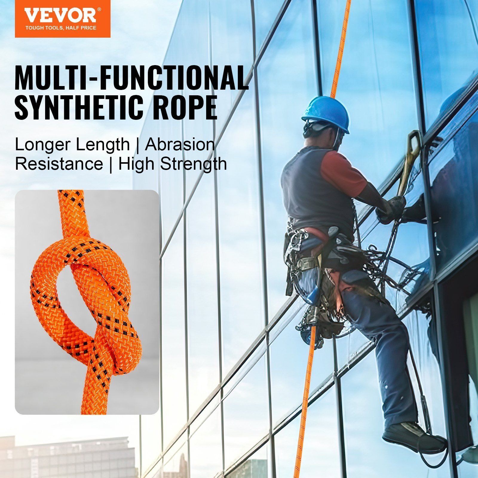 VEVOR Double Braided Polyester Rope, 3/8 in x 120 ft, 48 Strands, 4000 LBS Breaking Strength Outdoor Climbing Rope, Arborist Rigging Rope for Rock Hiking Camping Swing Rappelling Rescue, Orange/Black