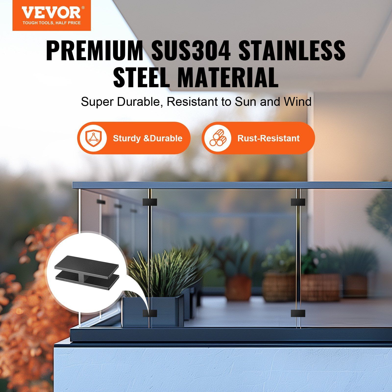 VEVOR Glass Clamp, 4 PCS Rectangle Glass Railing Bracket for 0.31 "-0.47 " Tempered Glass, 304 Stainless Steel Glass Mounting Clamp, 0.2' Thick Glass Shelf Bracket for Balcony, Garden, Pool, Stair