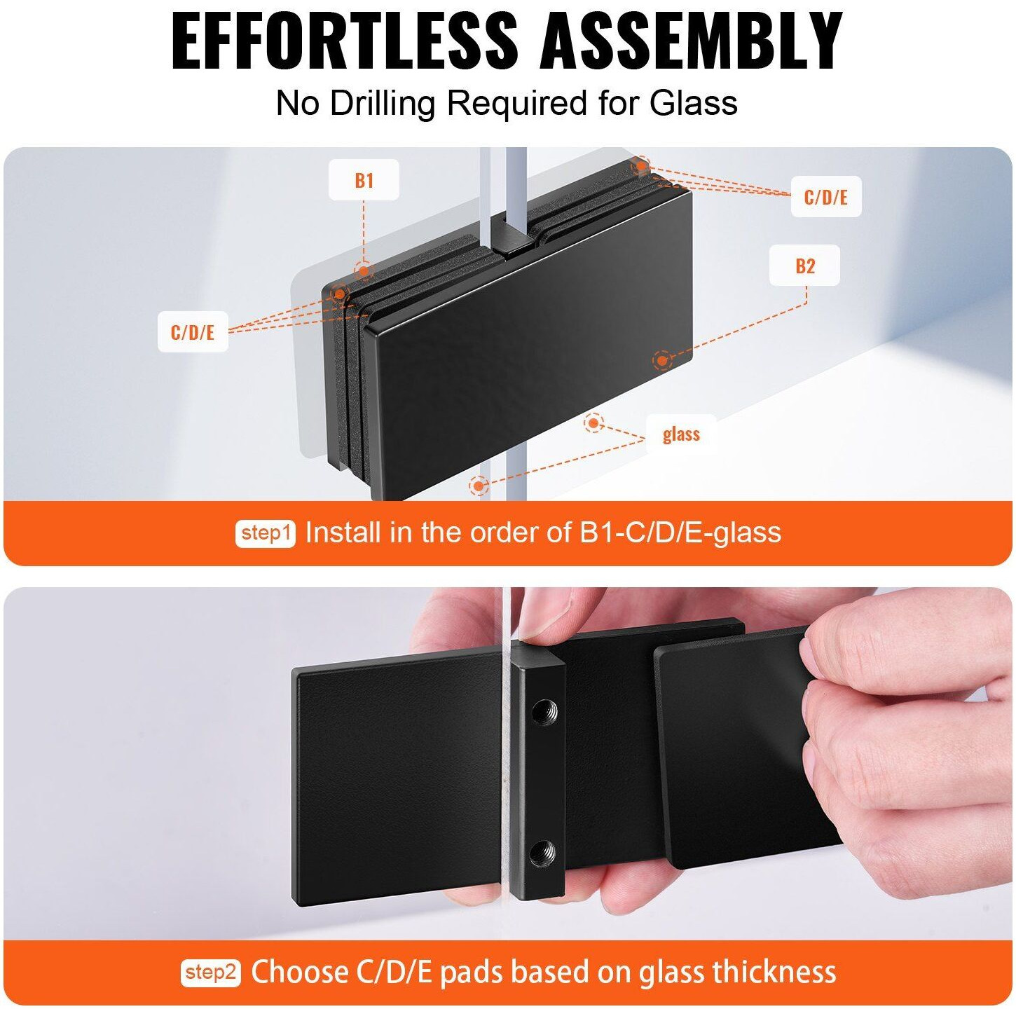 VEVOR Glass Clamp, 4 PCS Rectangle Glass Railing Bracket for 0.31 "-0.47 " Tempered Glass, 304 Stainless Steel Glass Mounting Clamp, 0.2' Thick Glass Shelf Bracket for Balcony, Garden, Pool, Stair