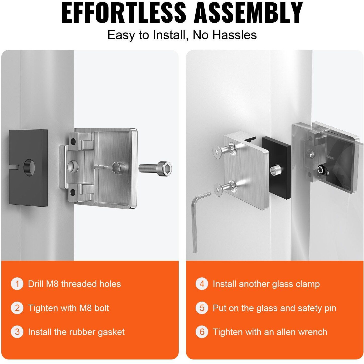VEVOR Glass Clamp, 4 PCS Square Glass Railing Bracket for 0.31 "-0.47 " Tempered Glass, 304 Stainless Steel Glass Mounting Clamp, Glass Shelf Bracket for Balcony, Garden, Pool, Stair, Silver