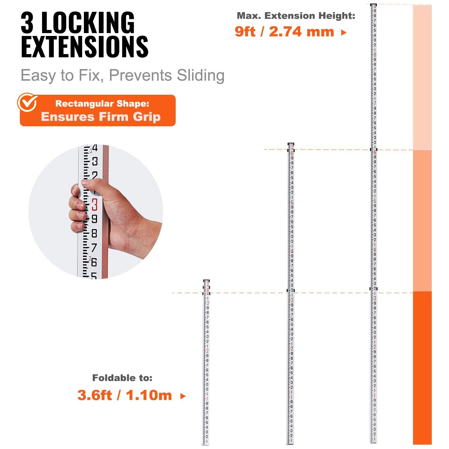VEVOR Aluminum Grade Rod, 9-Feet/10ths 3 Sections Telescopic Measuring Rod, Double-Sided Scale 1/10ft Leveling Rod Stick, Aluminum Alloy Survey Rod with Bubble Level&Carrying Bag for Houses, Floors