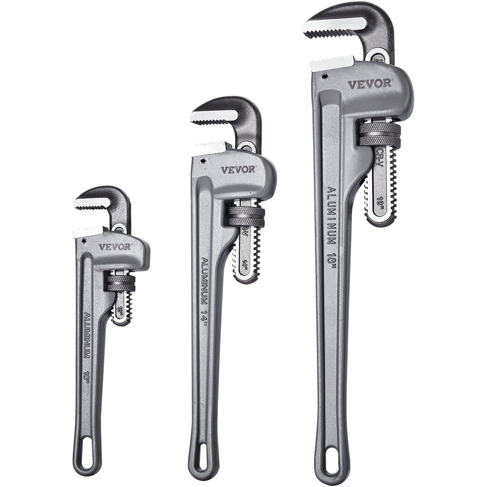 VEVOR 3-Piece Pipe Wrench Set, 10" 14" 18" Aluminum Straight Pipe Wrench, Adjustable Plumbing Wrench, with High Strength Jaw and Ergonomic Handle, Hangable Design, for Water Pipes, Automotive Repairs