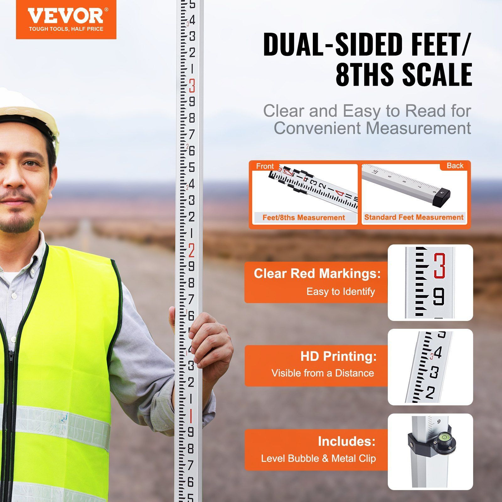 VEVOR Aluminum Grade Rod, 16-Feet/8ths 4 Sections Telescopic Measuring Rod,Double-Sided Scale 1/8in Leveling Rod Stick,Aluminum Alloy Survey Rod with Bubble Level &Carrying Bag for Houses,Walls,Floors