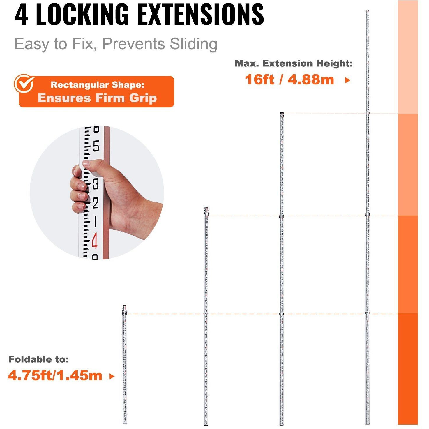 VEVOR Aluminum Grade Rod, 16-Feet/8ths 4 Sections Telescopic Measuring Rod,Double-Sided Scale 1/8in Leveling Rod Stick,Aluminum Alloy Survey Rod with Bubble Level &Carrying Bag for Houses,Walls,Floors