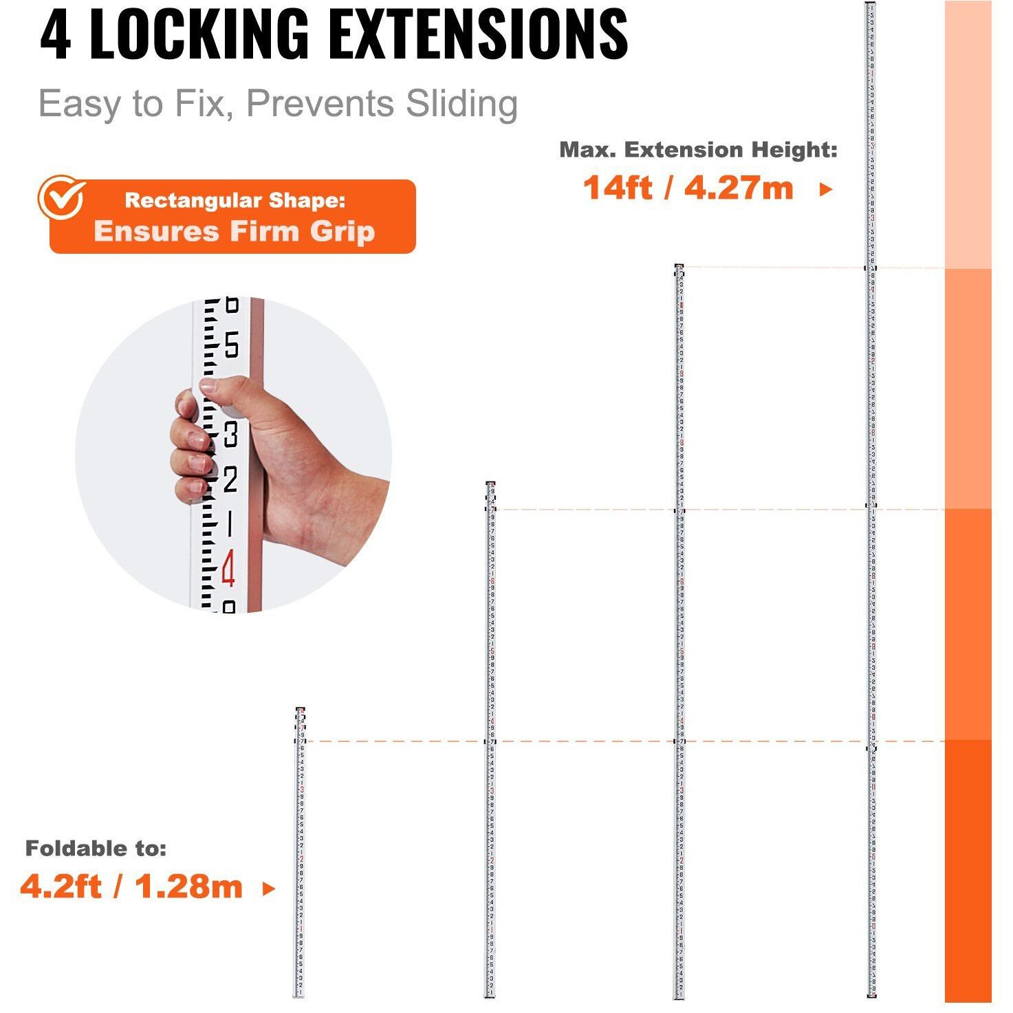VEVOR Aluminum Grade Rod, 14-Feet/10ths 6 Sections Telescopic Measuring Rod,Double-Sided Scale 1/10 ft Leveling Rod Stick,Aluminum Alloy Survey Rod w/ Bubble Level&Carrying Bag for Houses,Walls,Floors