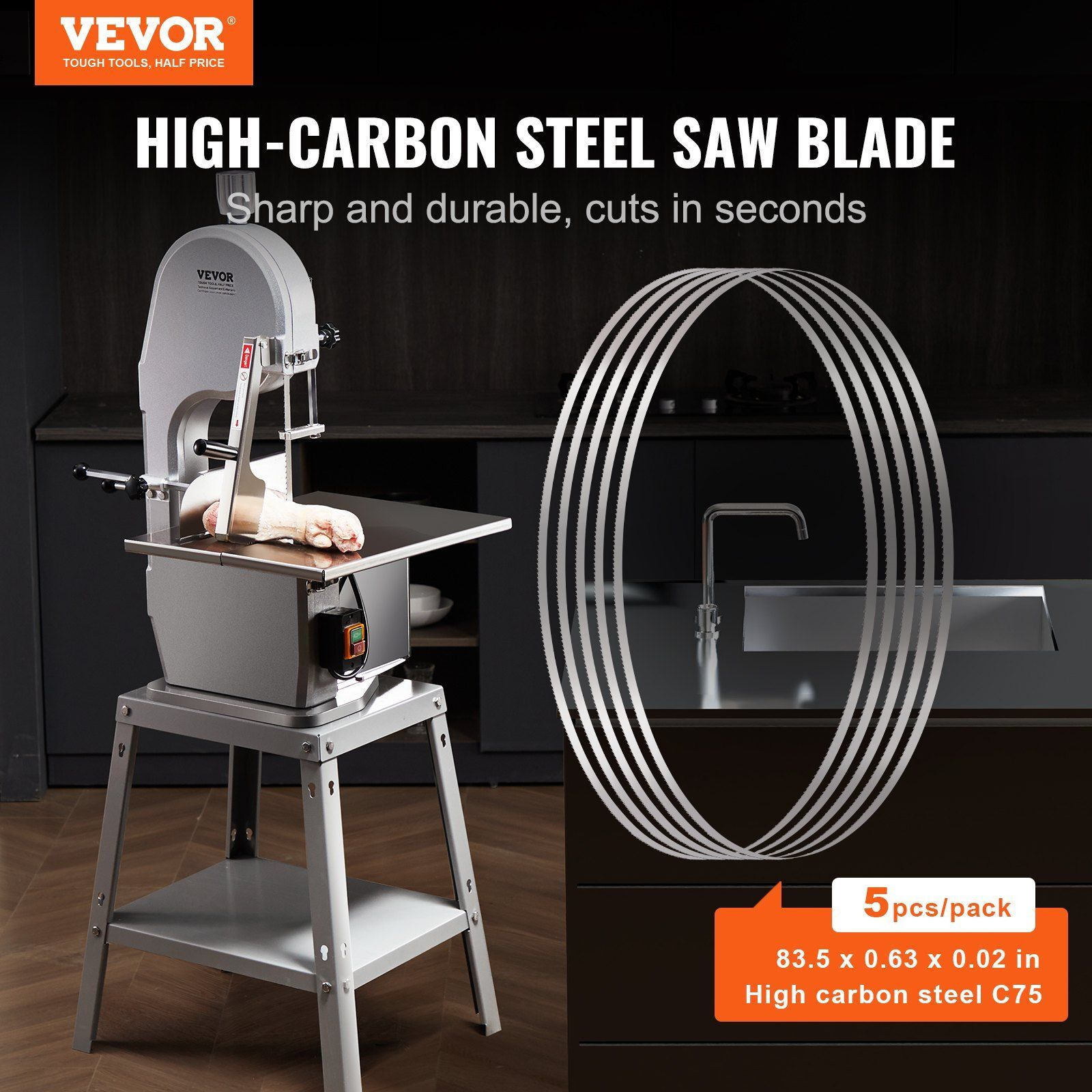 VEVOR Band Saw Blade for Cutting Meat Bone 83.5&quotx0.63&quotx0.02" Carbon Steel 5 PCS