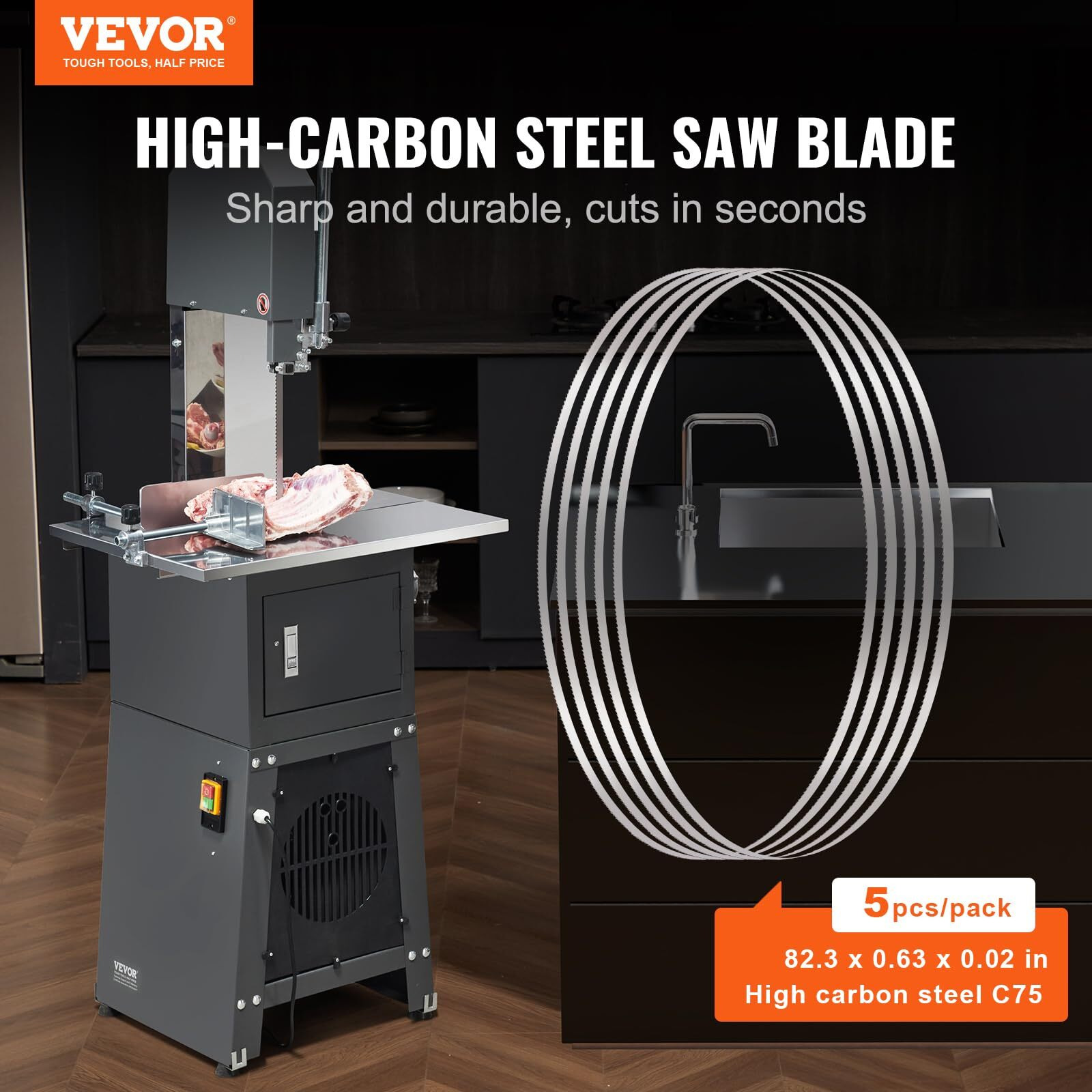 VEVOR Band Saw Blade for Cutting Meat Bone 82.3&quotx0.63&quotx0.02" Carbon Steel 5 PCS
