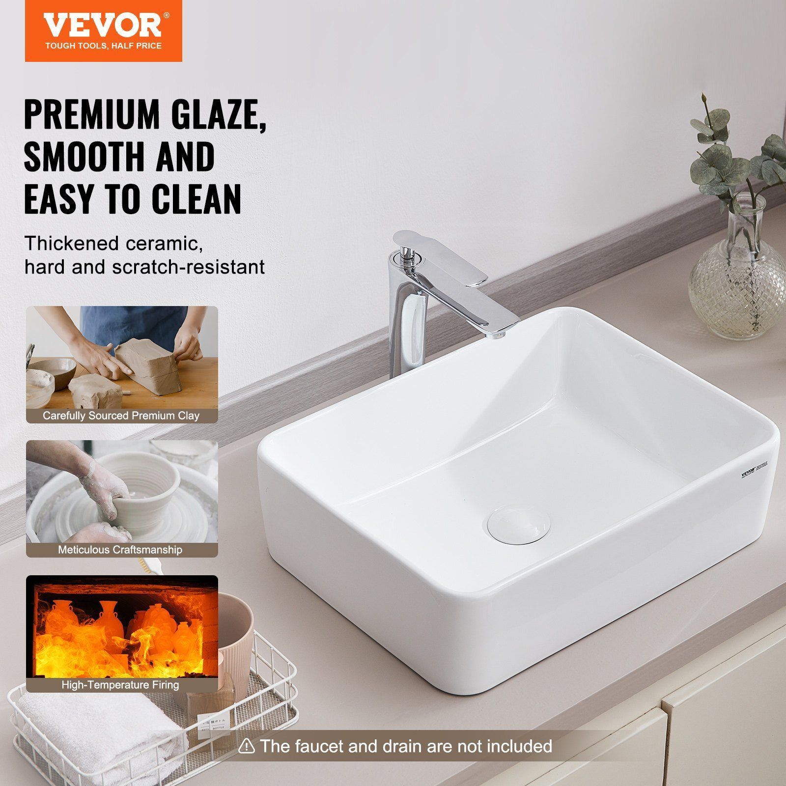 VEVOR Modern Ceramic Vessel Sink 19&quotx14.7" Bathroom Vanity Bowl Countertop White