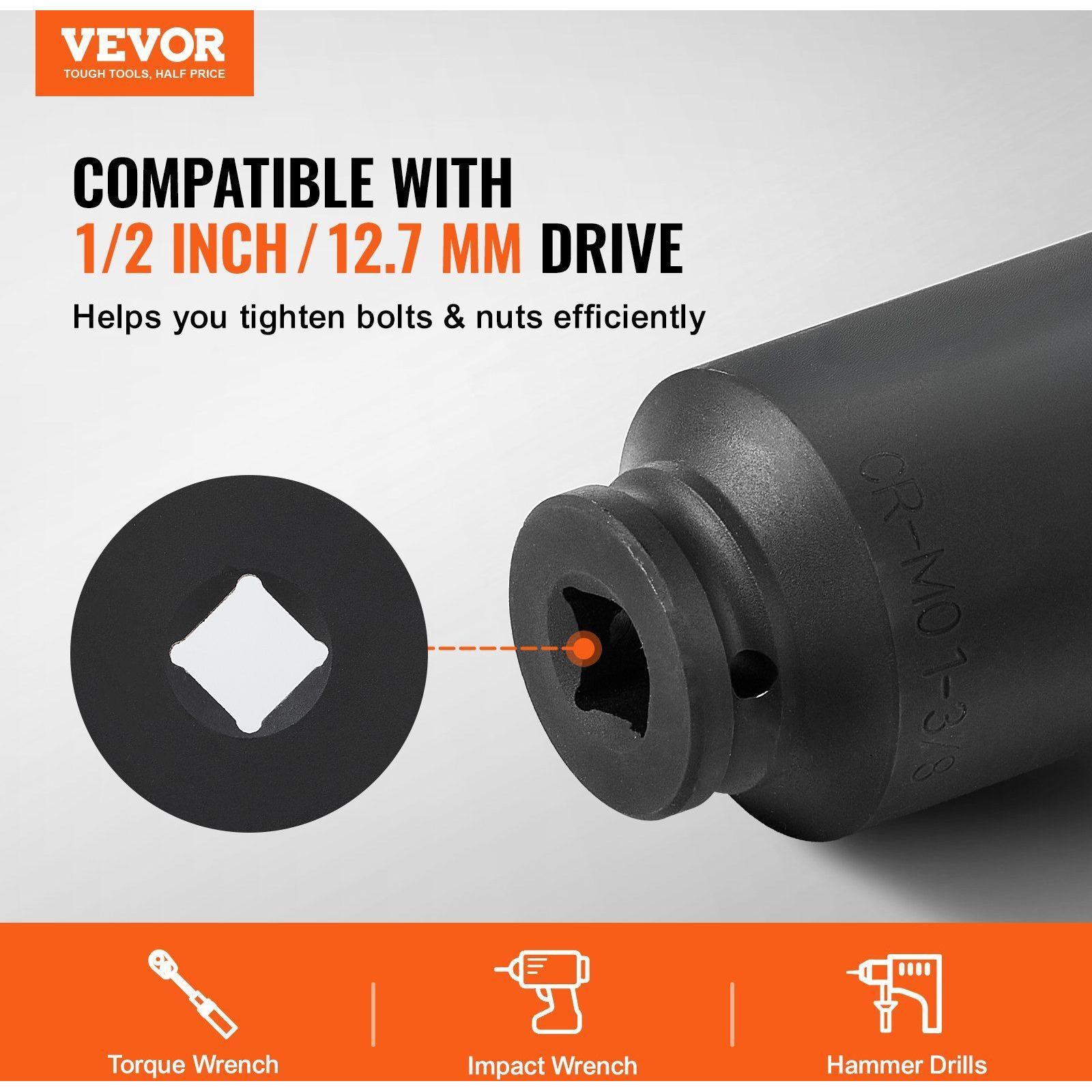 VEVOR Axle Nut Impact Socket Set 1/2" Drive Deep 12-Point 8PCS Metric Nut Socket