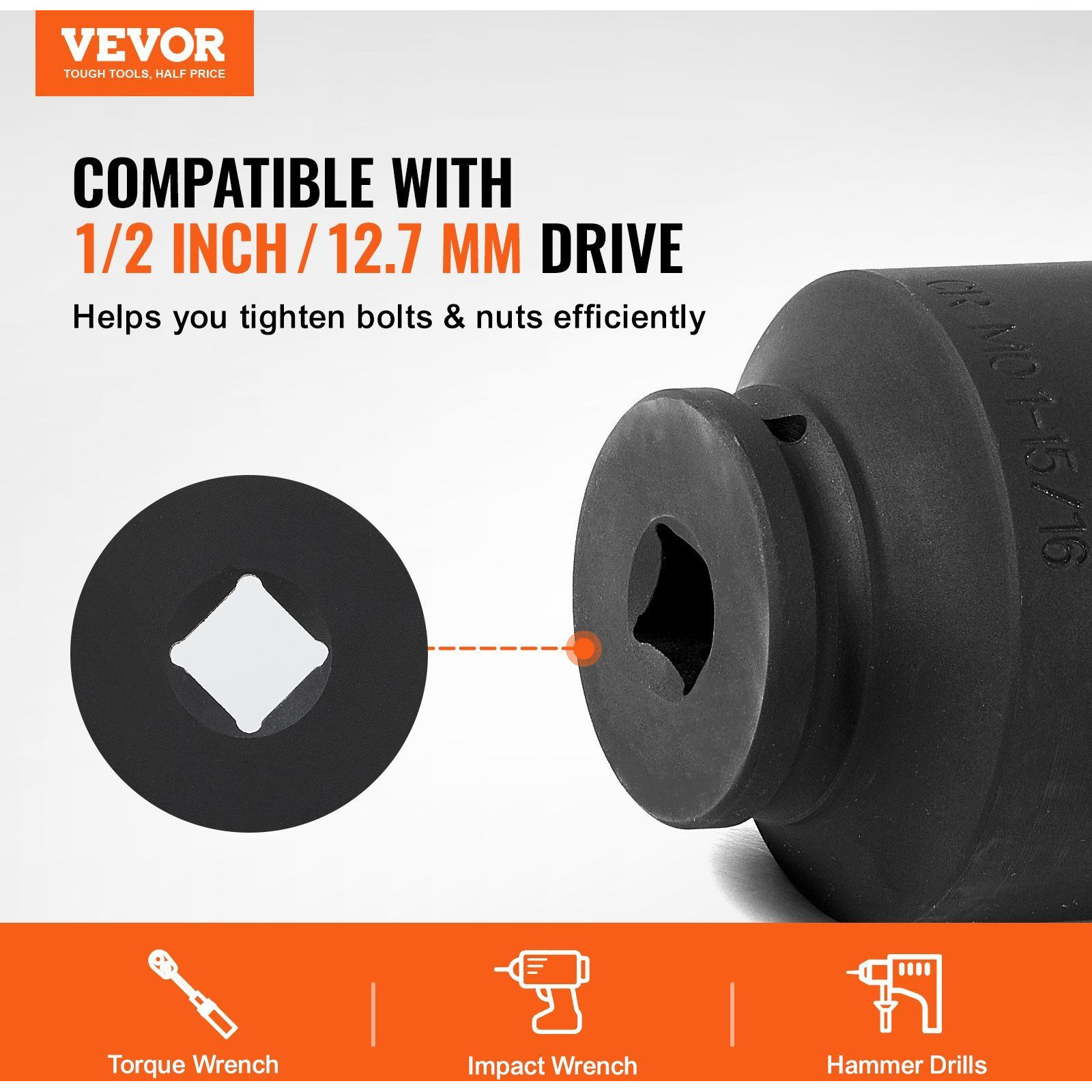 VEVOR Axle Nut Impact Socket Set 1/2" Drive 6-Point 4PCS SAE Spindle Nut Socket