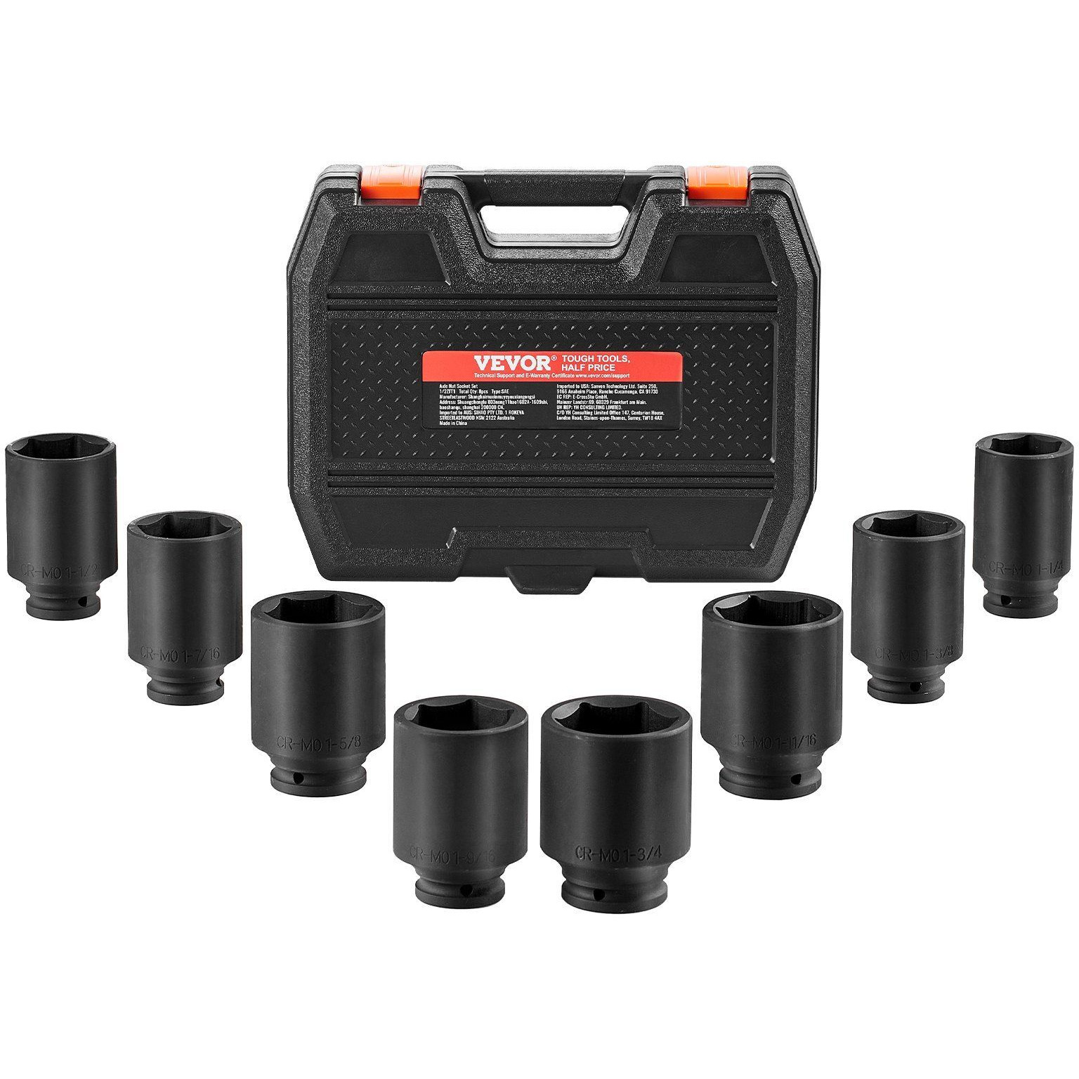 VEVOR Axle Nut Impact Socket Set 3/4" Deep Drive 6-Point 8PCS SAE Spindle Socket