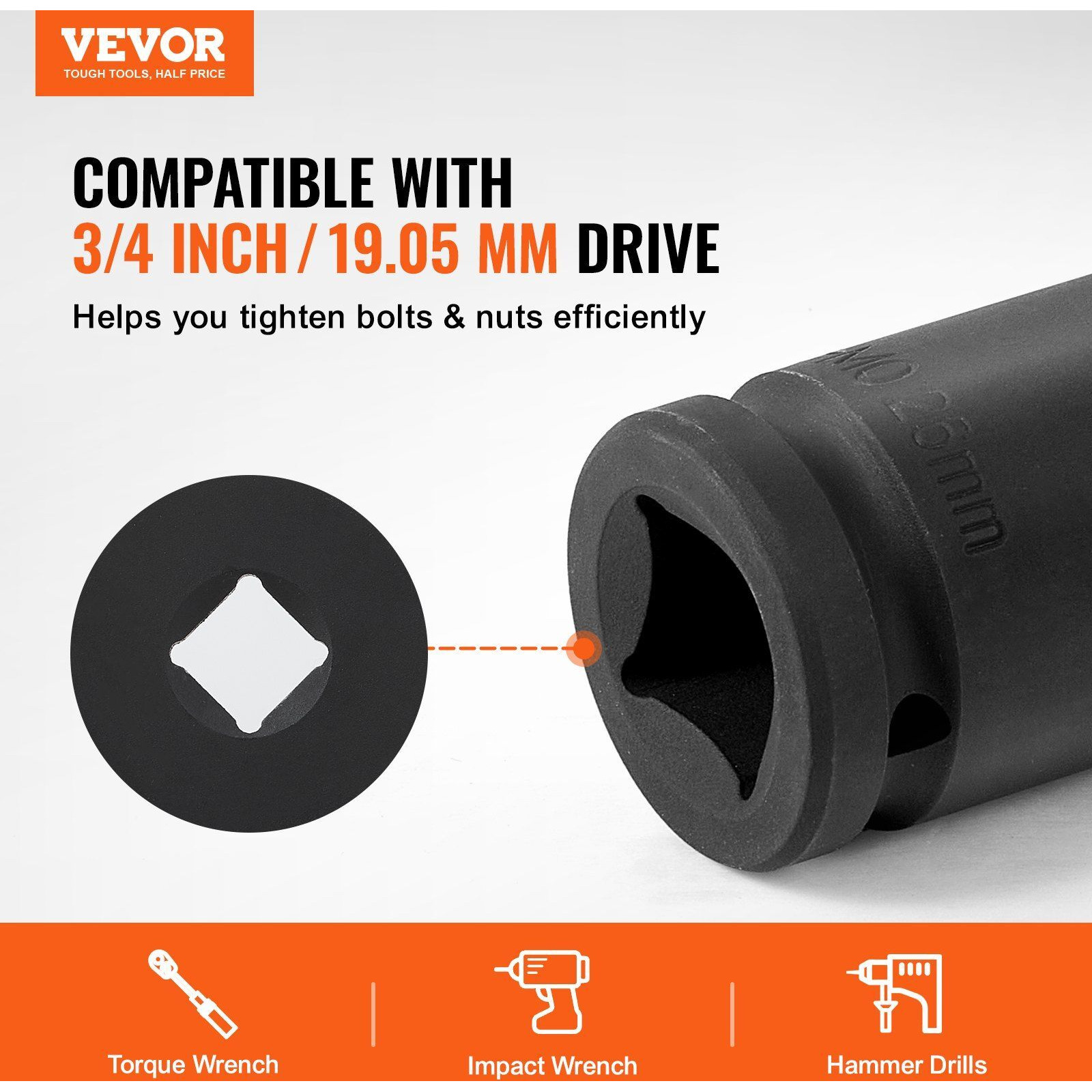 VEVOR Axle Nut Impact Socket Set 3/4" Drive 6-Point 8PCS Metric Spindle Socket