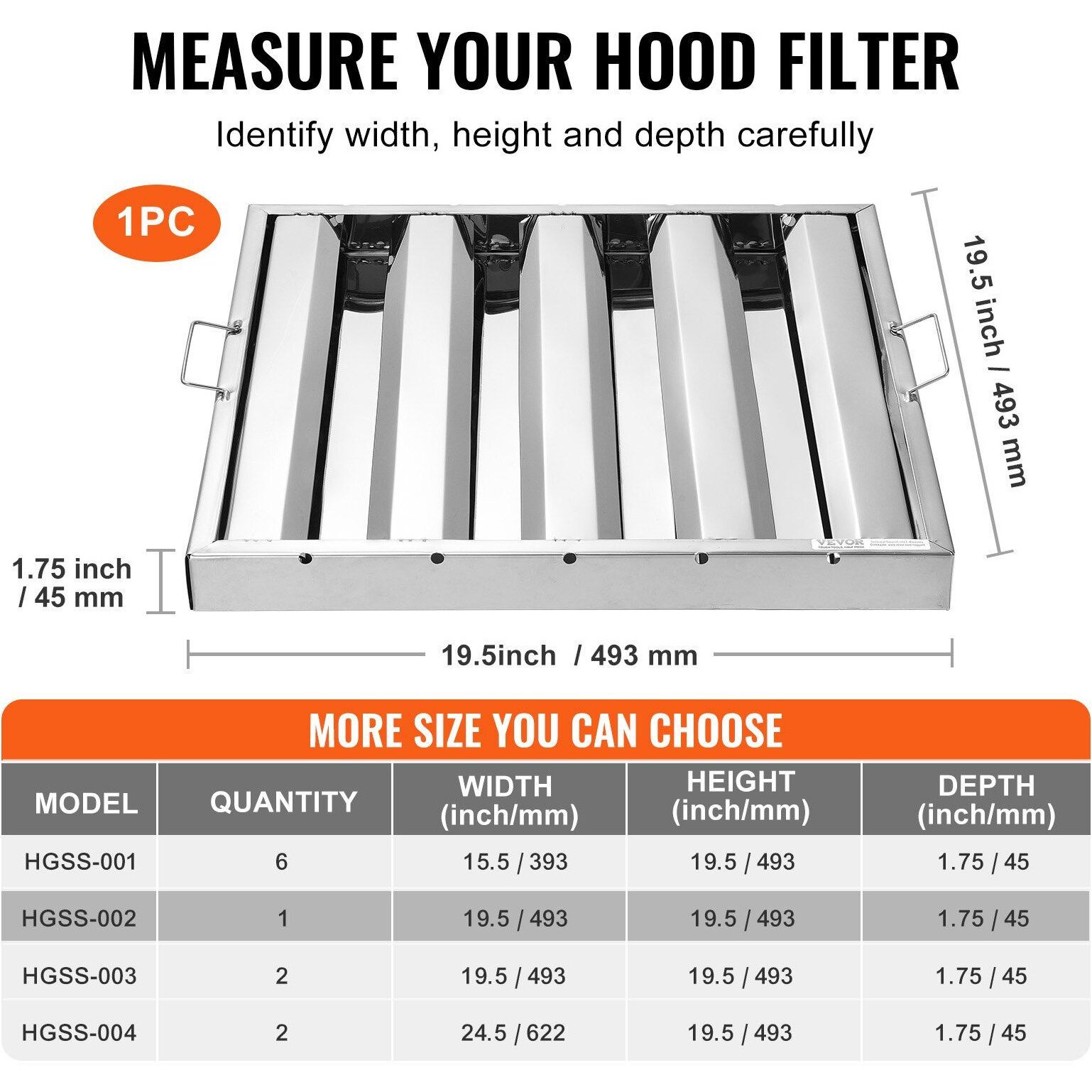 VEVOR 19.5Wx19.5H Inch Commercial Hood Filter Range Hood Baffle Stainless Steel